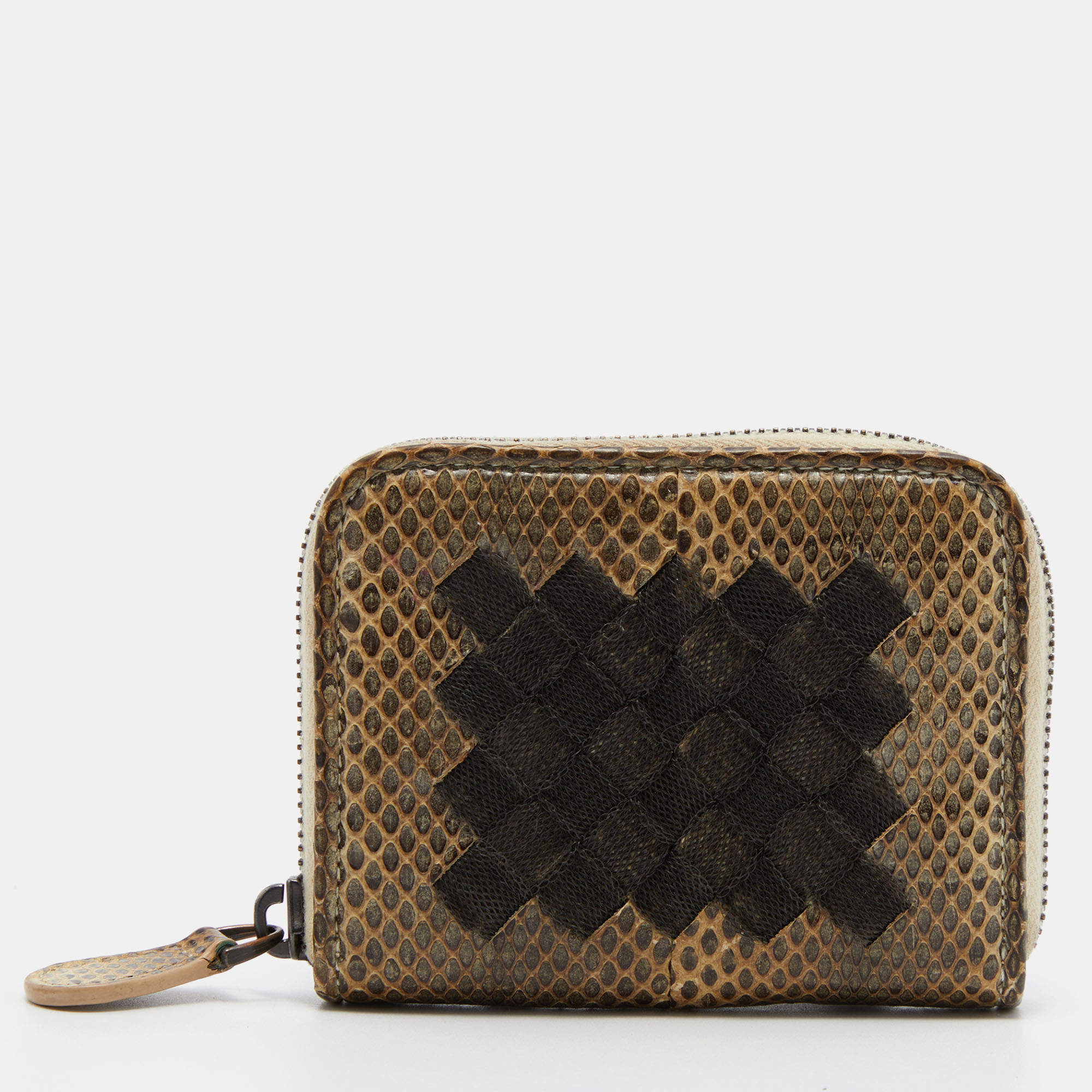 Pre Owned Bottega Veneta Beige Watersnake Leather Zip Coin Purse