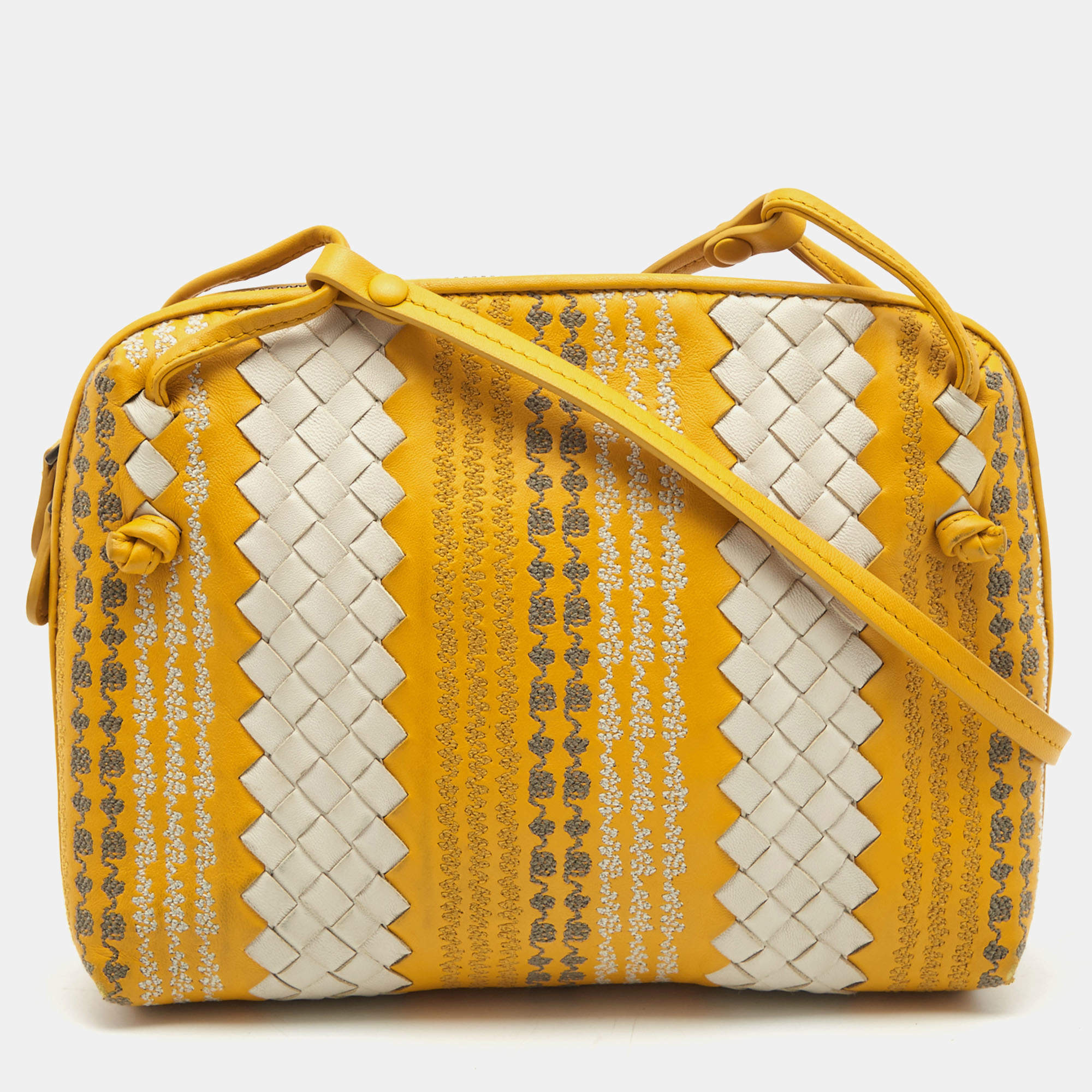 Pre Owned Bottega Veneta Yellow/White Intrecciato Leather Embroidered Nodini Shoulder Bag