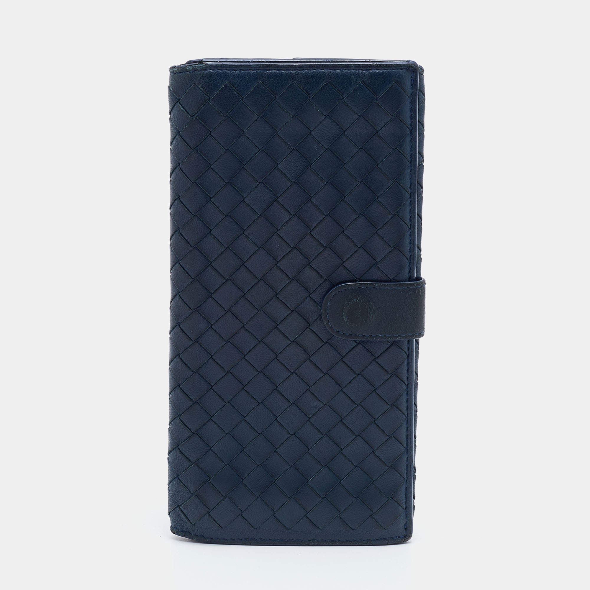 Pre Owned Bottega Veneta Blue Intrecciato Leather Flap Continental Wallet