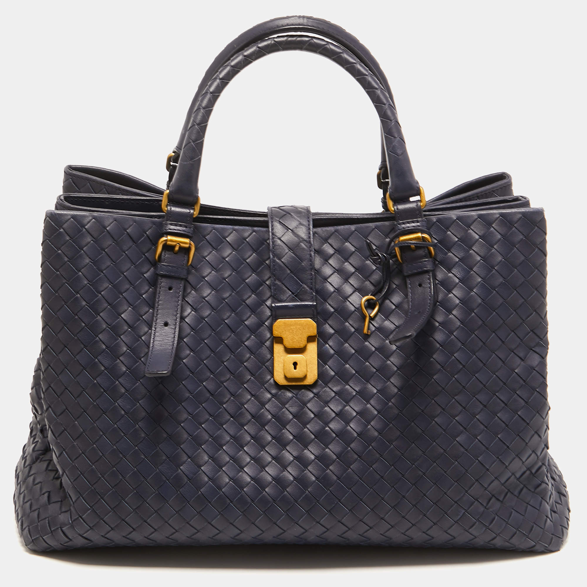 مملوكة مسبقًا Bottega Veneta Navy Blue Intrecciato Leather Medium Roma Tote