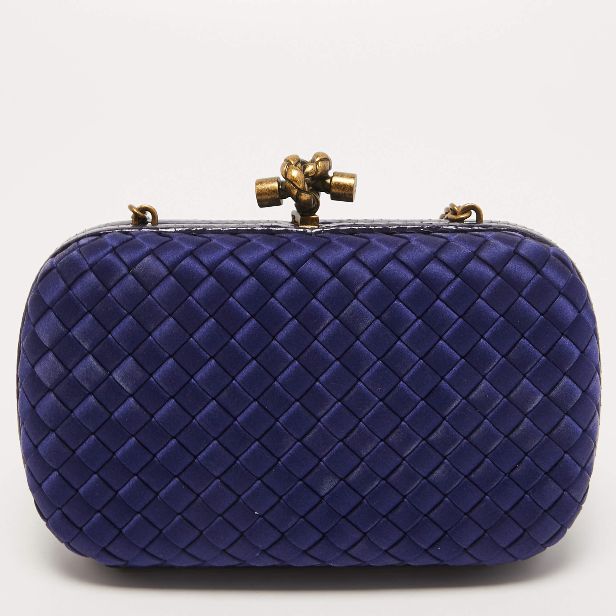 Bottega Veneta Blue Intrecciato Satin and Leather Knot Clutch Bag