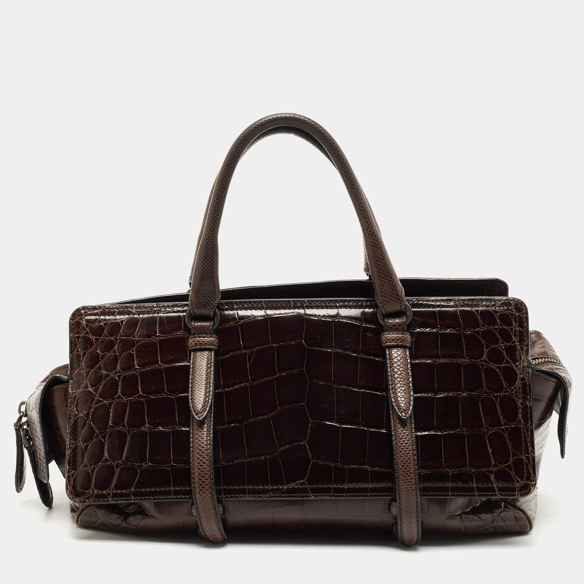 Pre Owned Bottega Veneta Dark Brown Crocodile and Karung Leather Flap Satchel