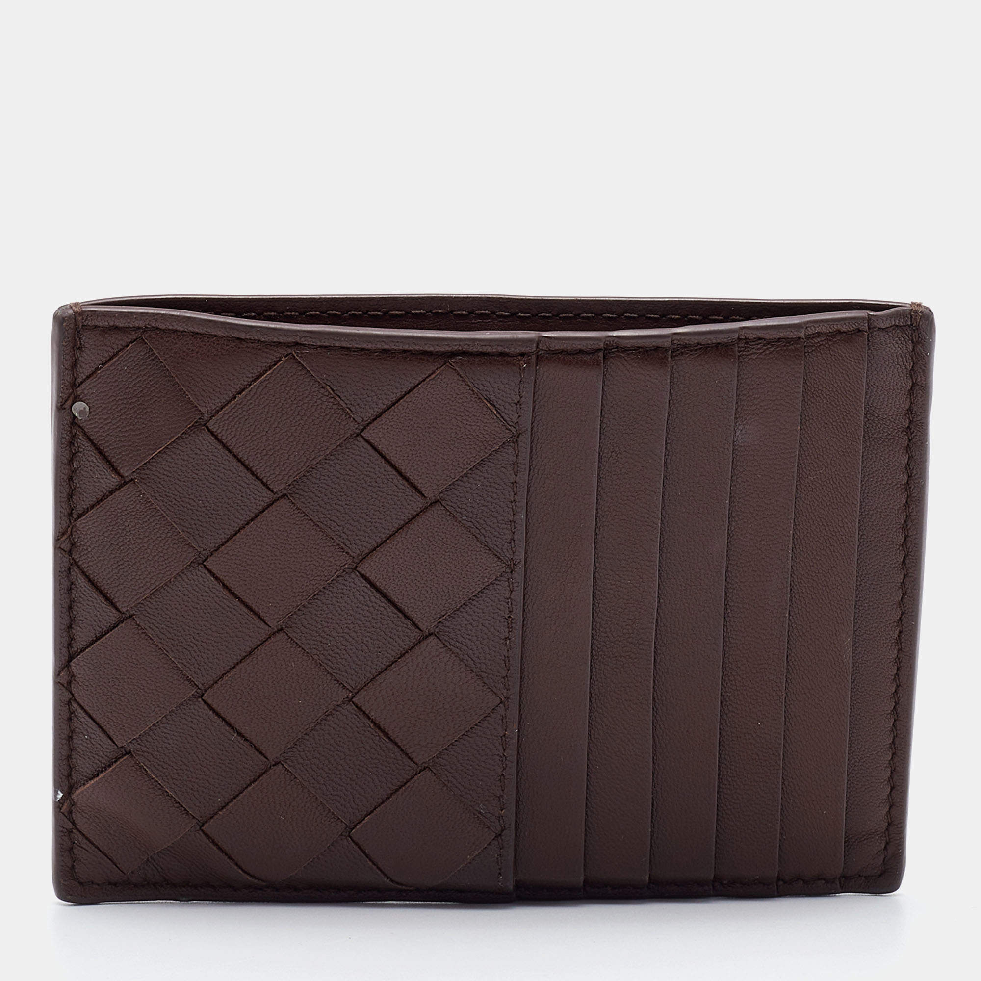 Pre Owned Bottega Veneta Brown Intrecciato Leather Zip Card Holder 