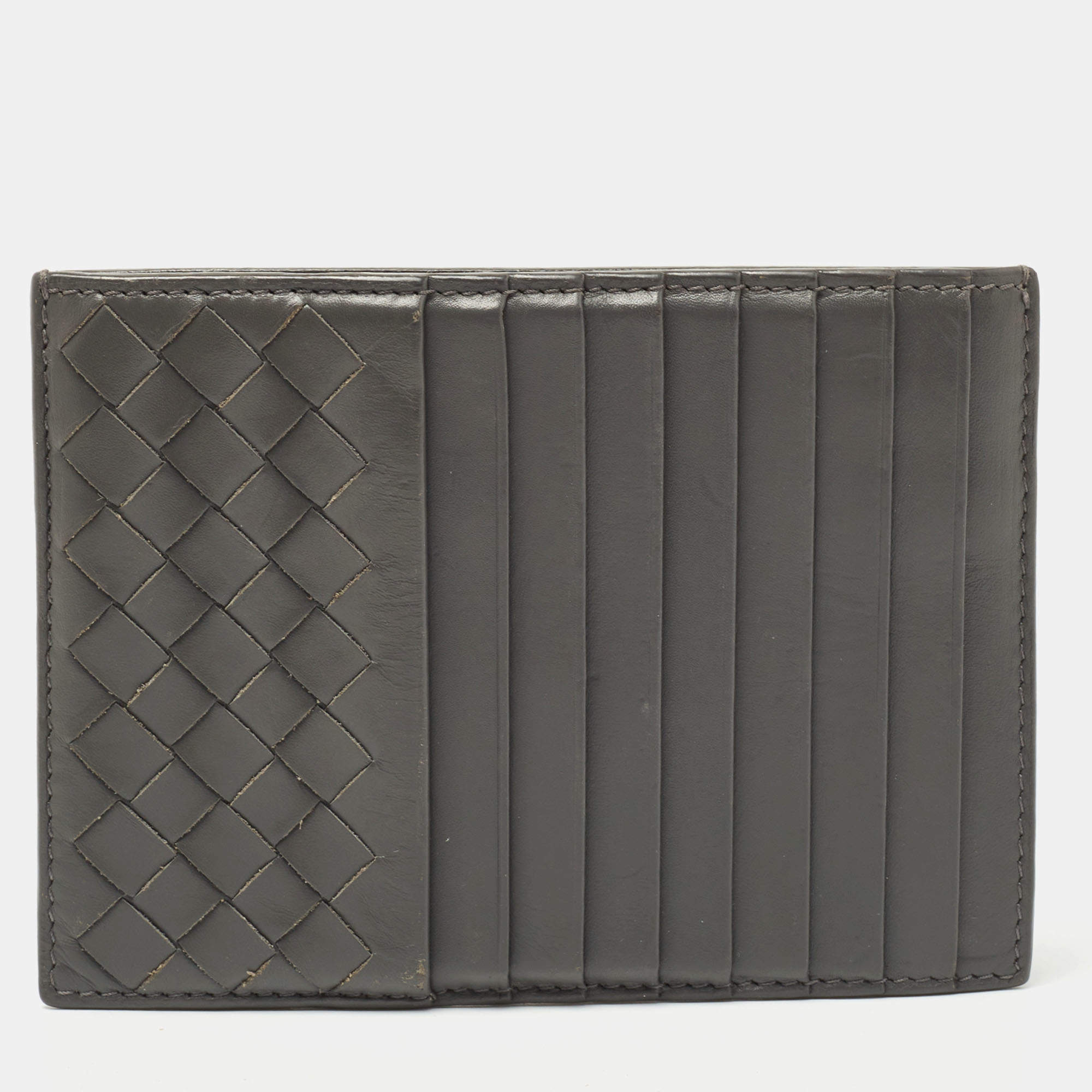Pre Owned Bottega Veneta Grey Intrecciato Leather Zip Card Holder