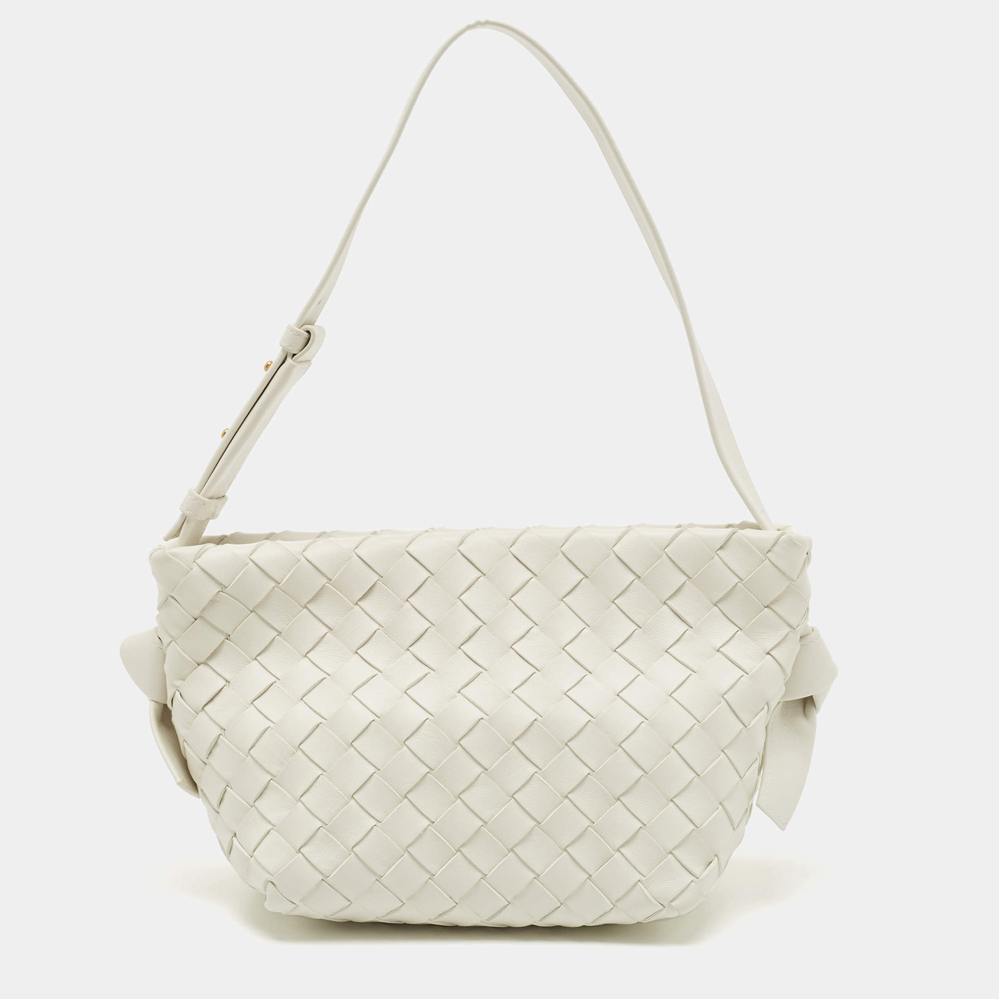 Pre Owned Bottega Veneta White Intrecciato Leather Tie Shoulder Bag