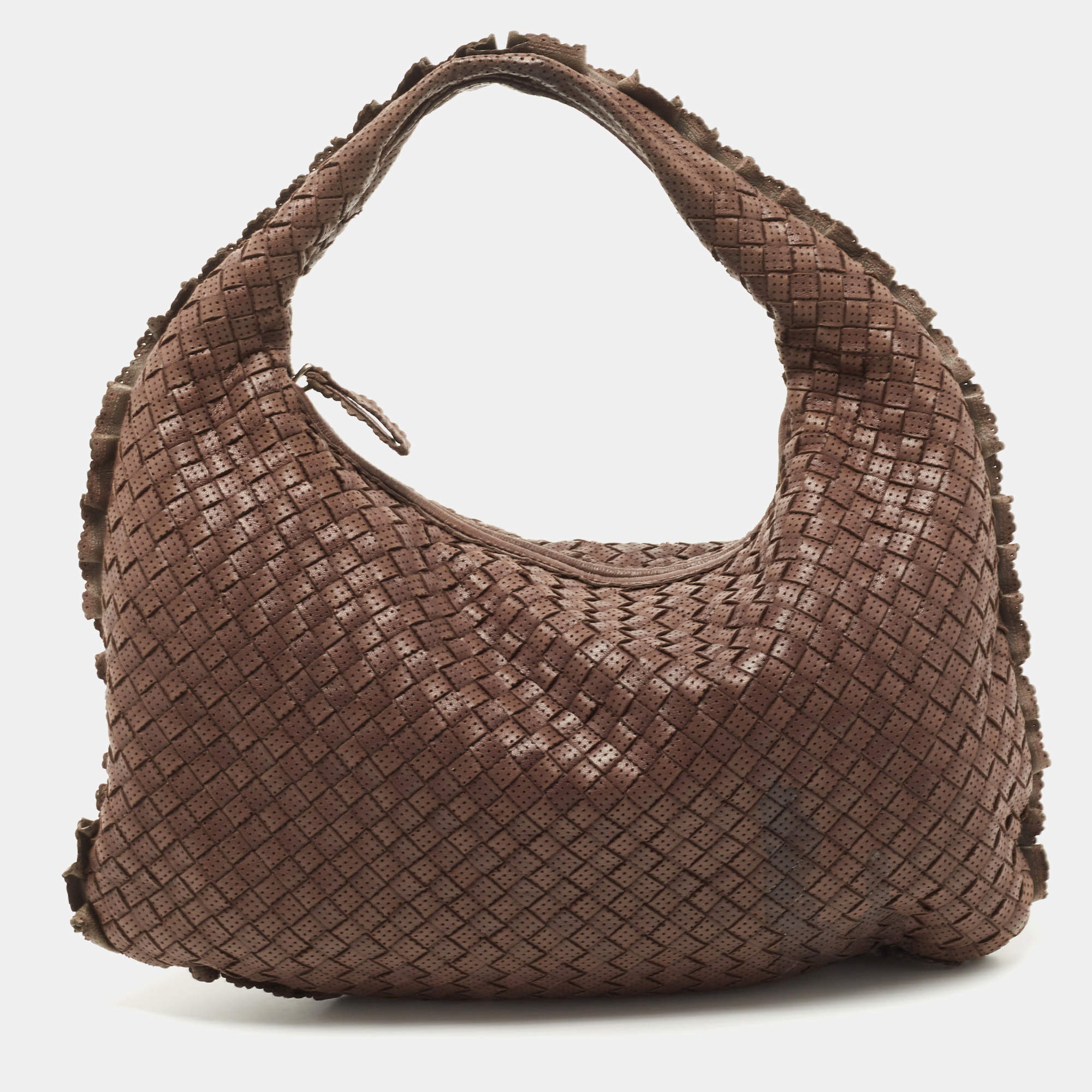 Pre Owned Bottega Veneta Brown Intrecciato Perforated Leather Veneta Hobo