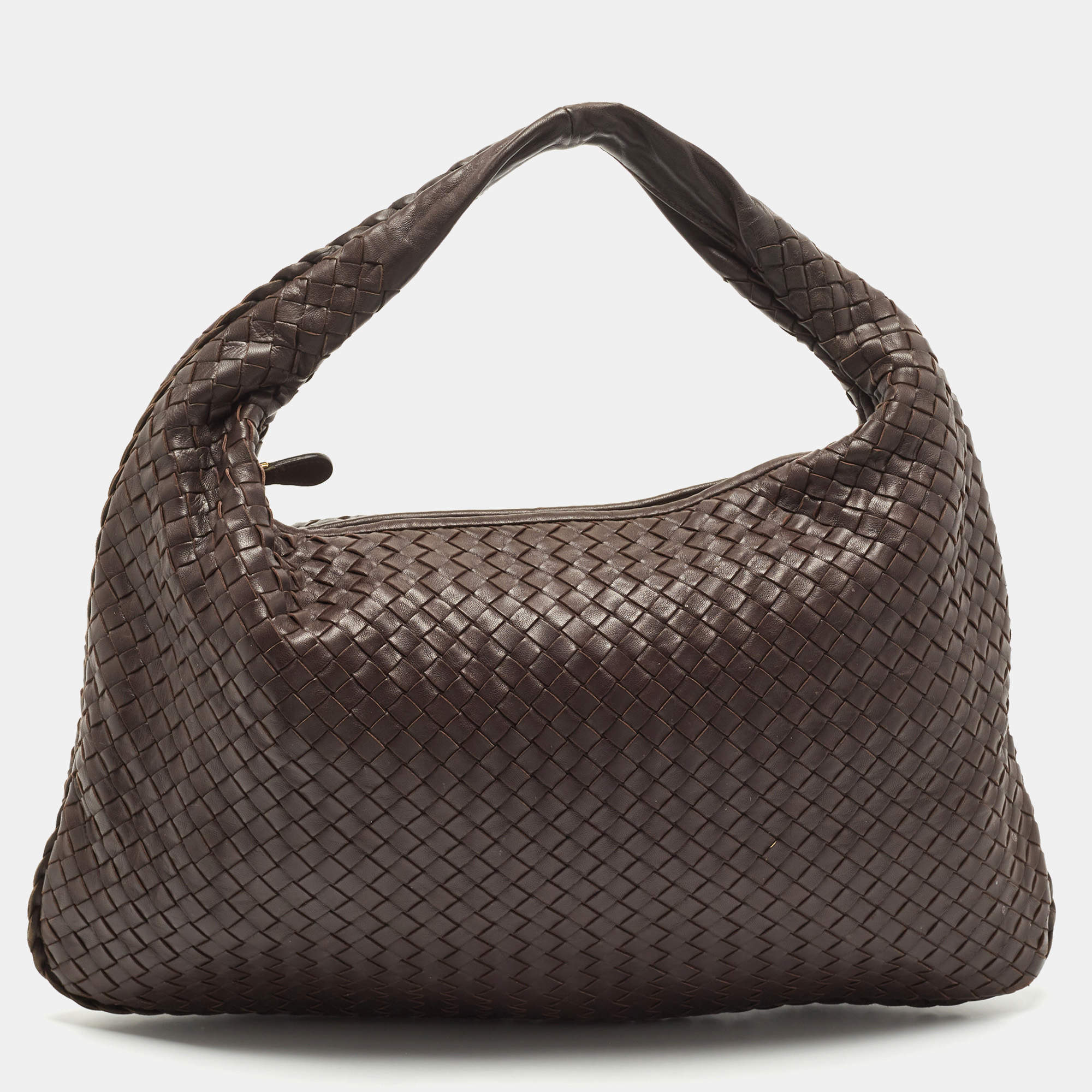 Pre Owned Bottega Veneta Dark Brown Intrecciato Leather Large Veneta Hobo