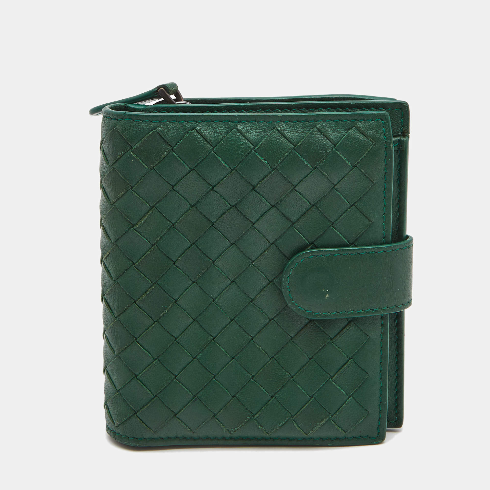 مملوكة مسبقًا Bottega Veneta Green Intrecciato Leather French Compact Wallet