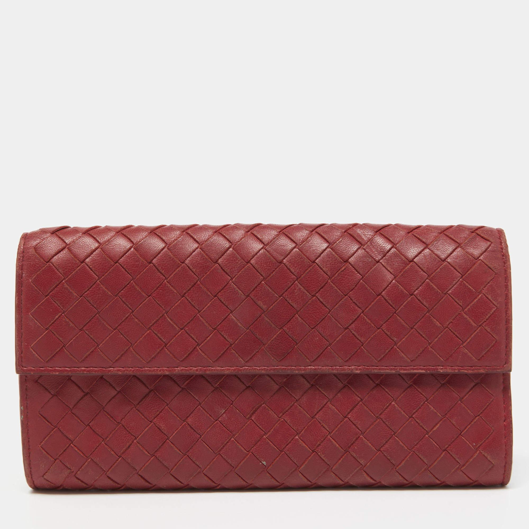 Pre Owned Bottega Veneta Red Intrecciato Leather Flap Continental Wallet