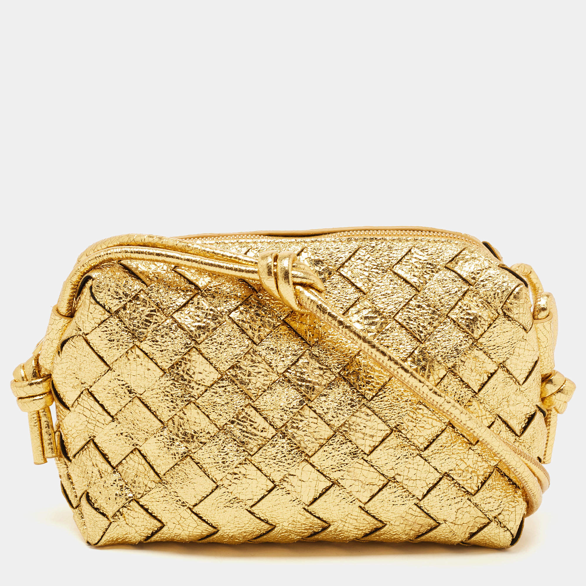 Pre Owned Bottega Veneta Gold Intrecciato Foil Leather Mini Loop Camera Crossbody Bag