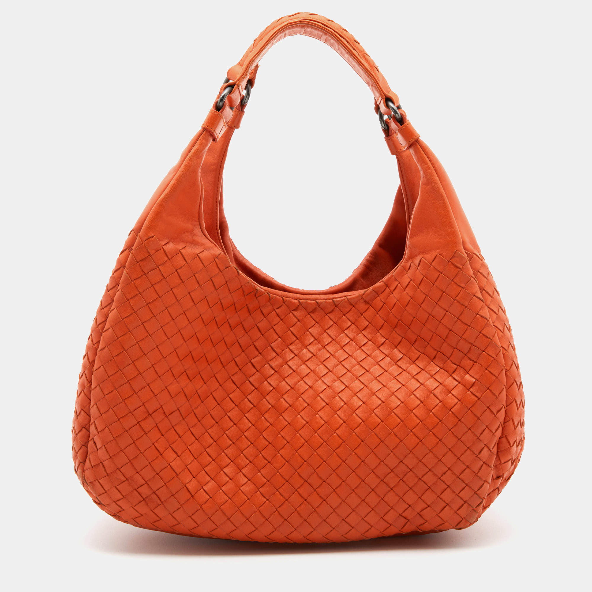 Pre Owned Bottega Veneta Orange Intrecciato Leather Small Campana Hobo