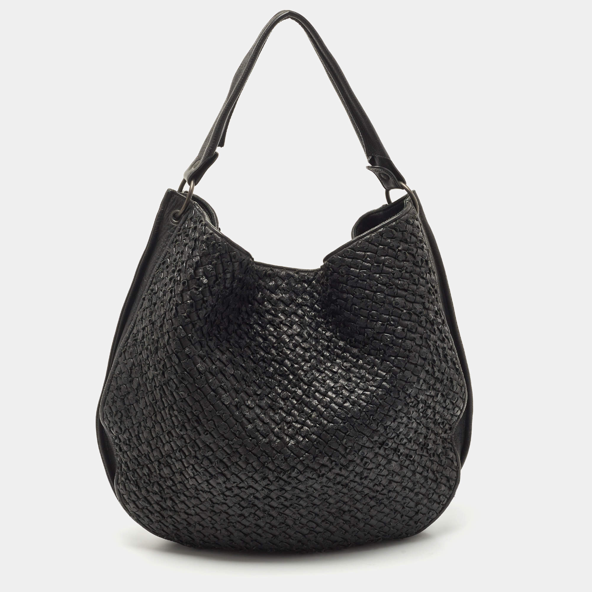 Pre Owned Bottega Veneta Black Intercciato Leather Large Loop Hobo