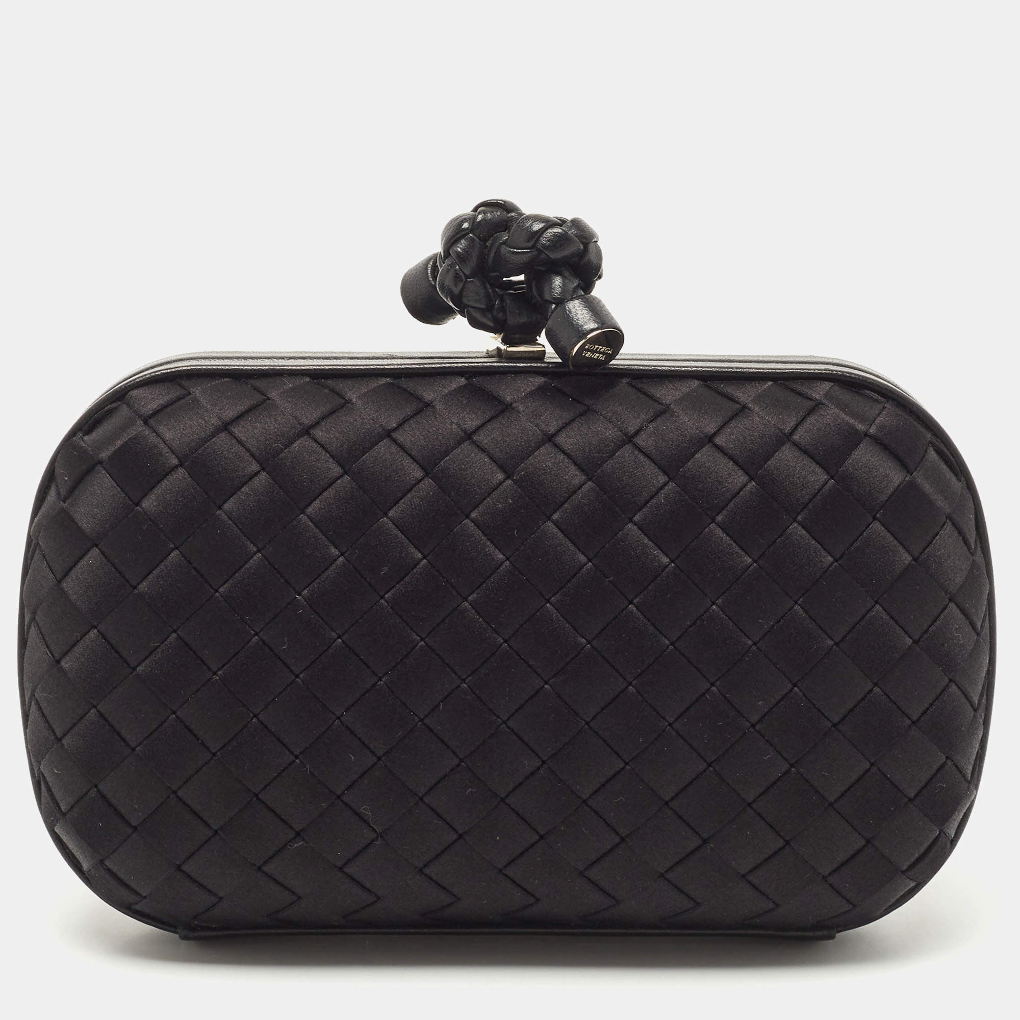Pre Owned Bottega Veneta Black Intrecciato Satin and Leather Knot Clutch