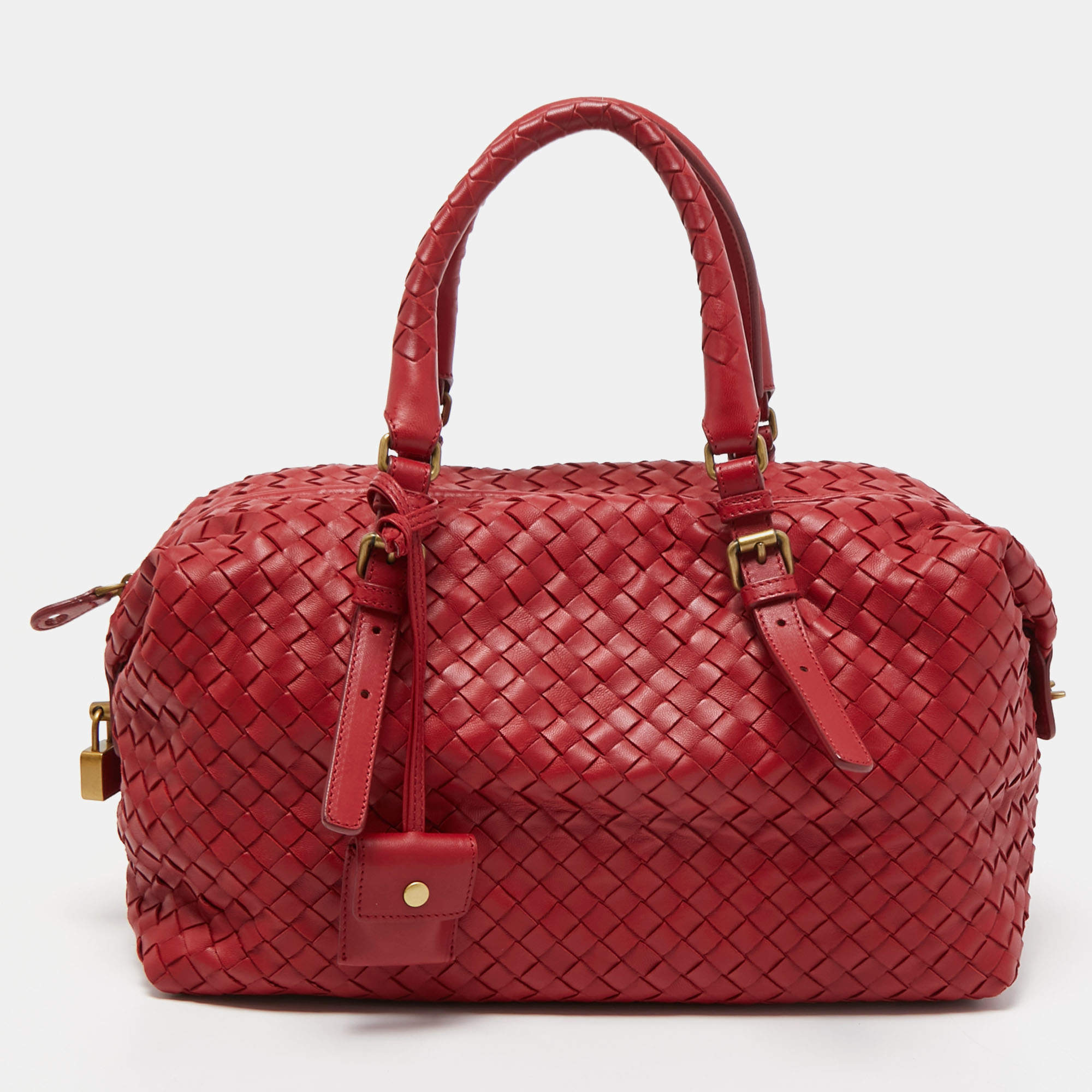 Pre Owned Bottega Veneta Red Intrecciato Leather Montaigne Satchel