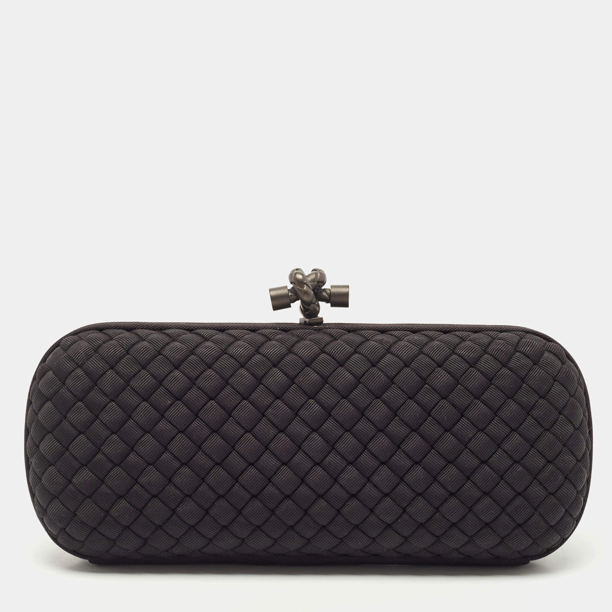 Bottega Veneta Black Intrecciato Knit Fabric and Leather Knot Clutch Bag