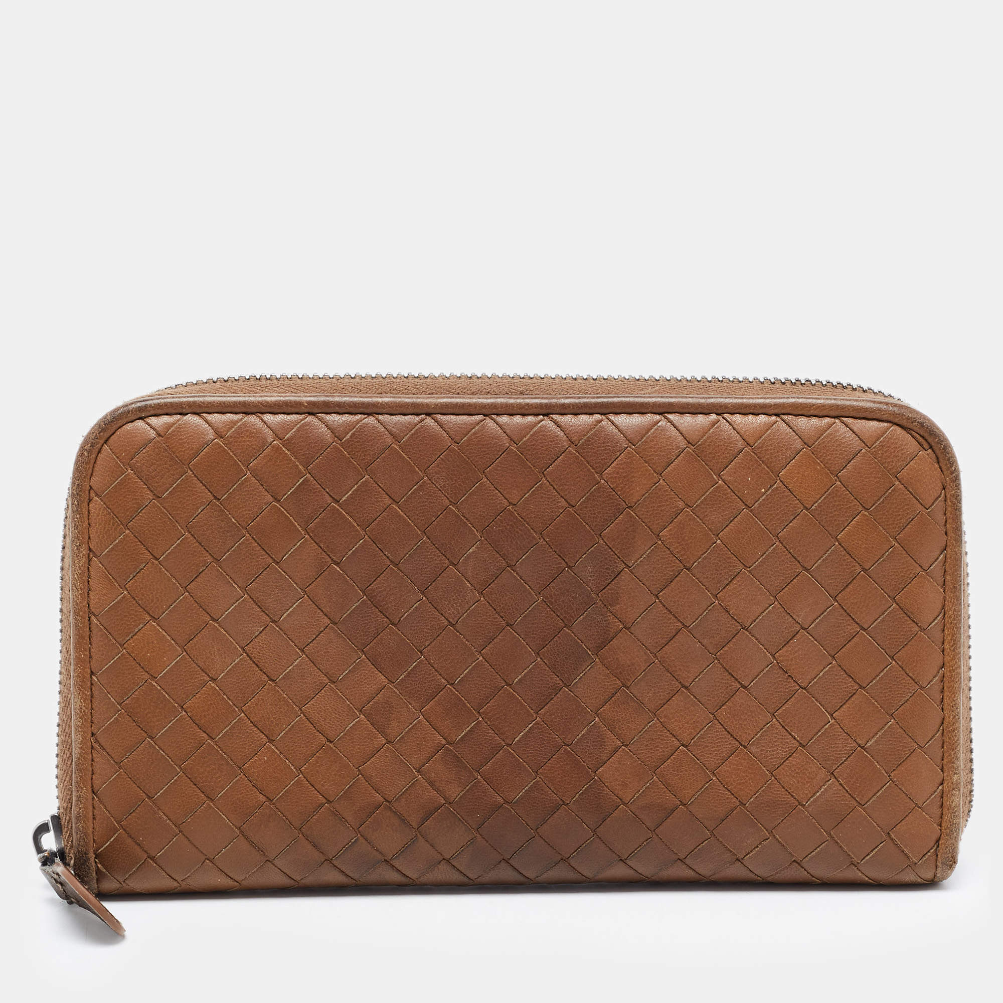 Pre Owned Bottega Veneta Brown Intrecciato Leather Zip Around Wallet