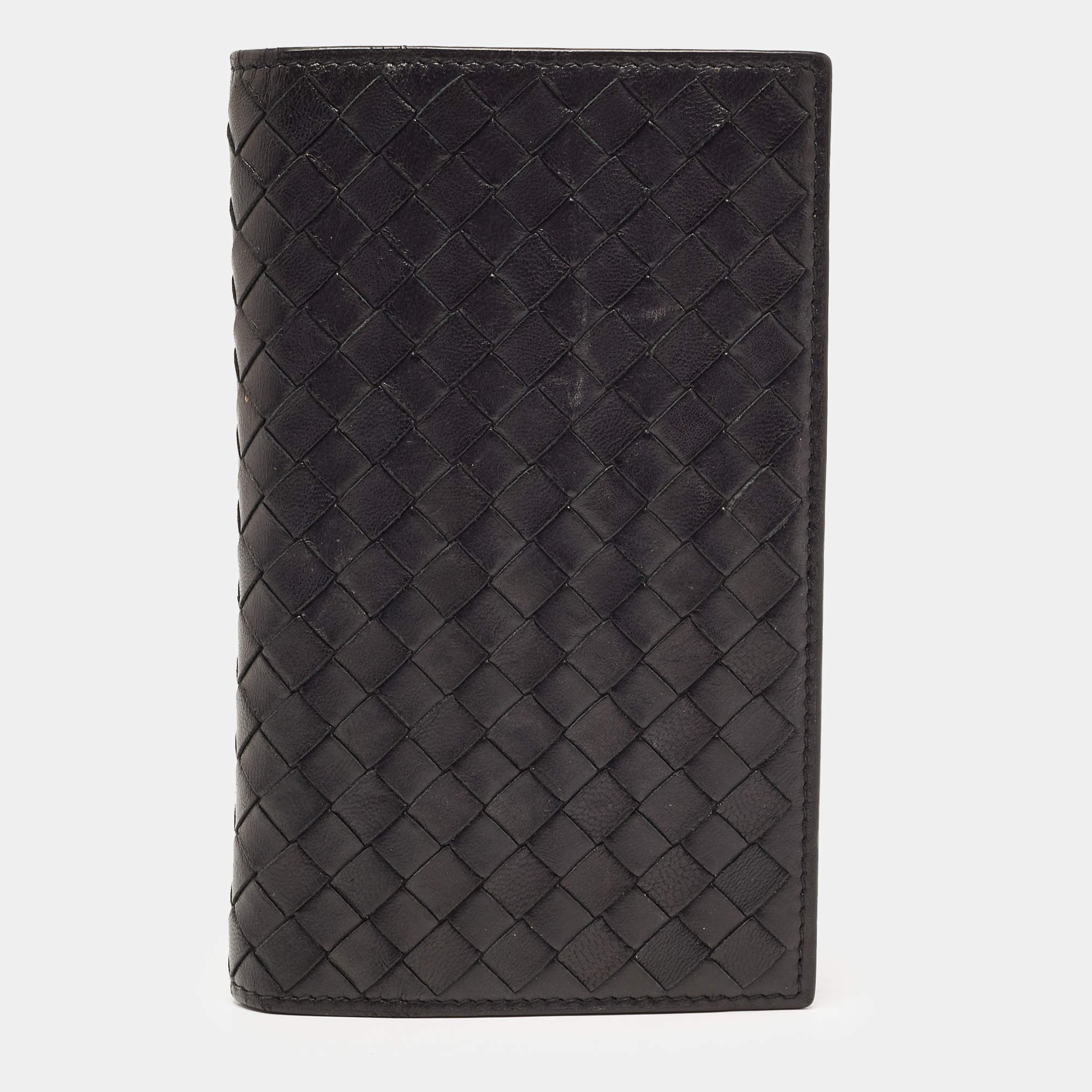 Pre Owned Bottega Veneta Black Intrecciato Leather Trifold French Wallet