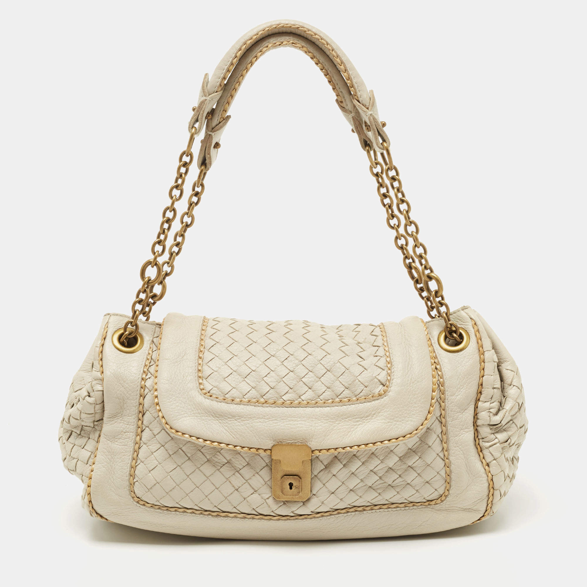 مملوكة مسبقًا Bottega Veneta Ivory/Gold Intrecciato Leather Napoli Shoulder Bag