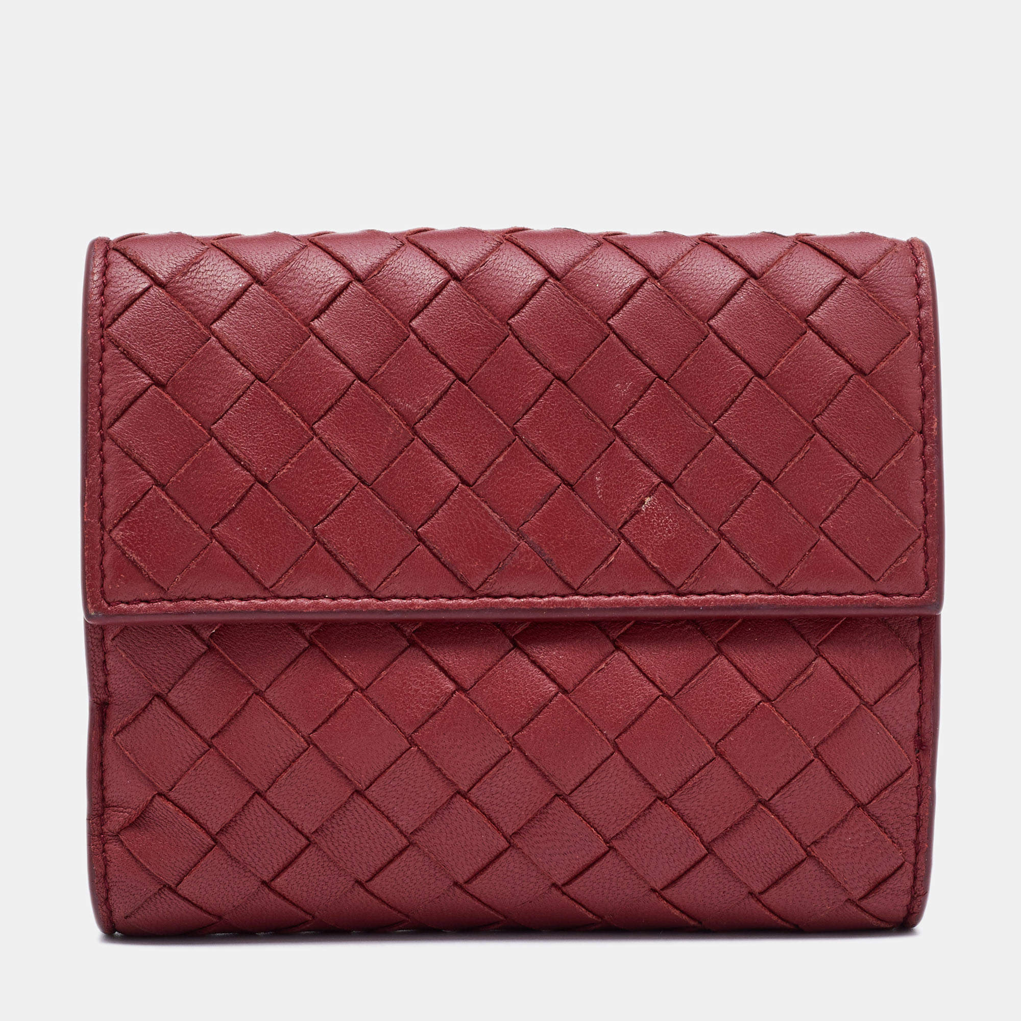 Pre Owned Bottega Veneta Reddish Brown Intrecciato Leather French Compact Wallet