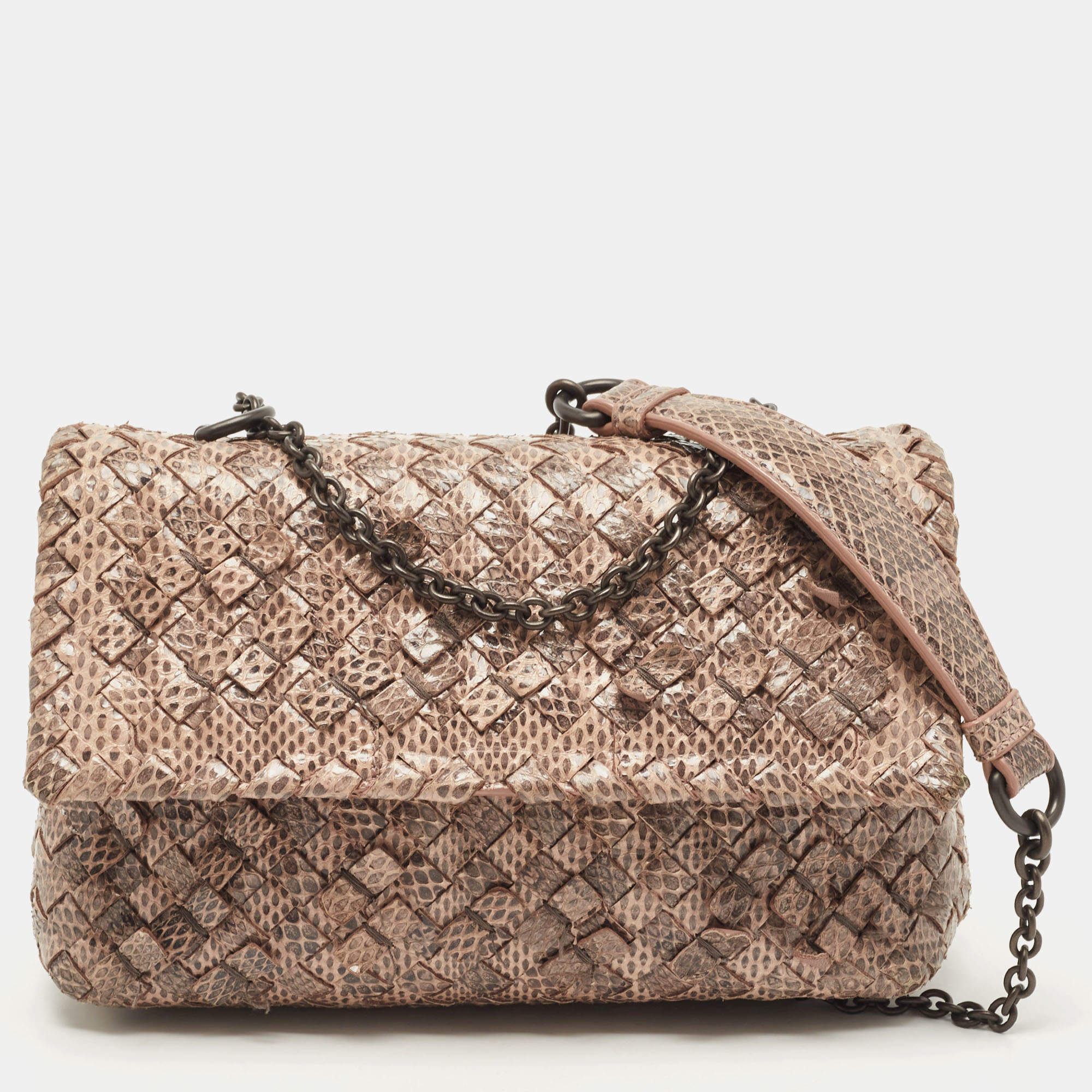 Pre Owned Bottega Veneta Beige/Black Watersnake Leather Olimpia Shoulder Bag