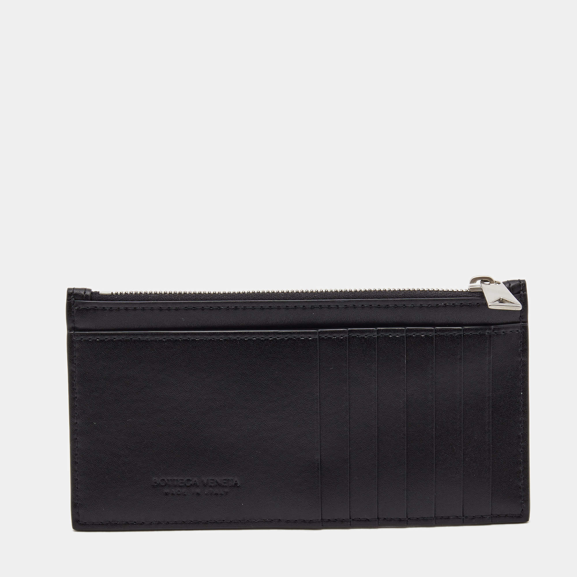 مملوكة مسبقًا Bottega Veneta Black Intrecciato Leather Zip Card Holder 