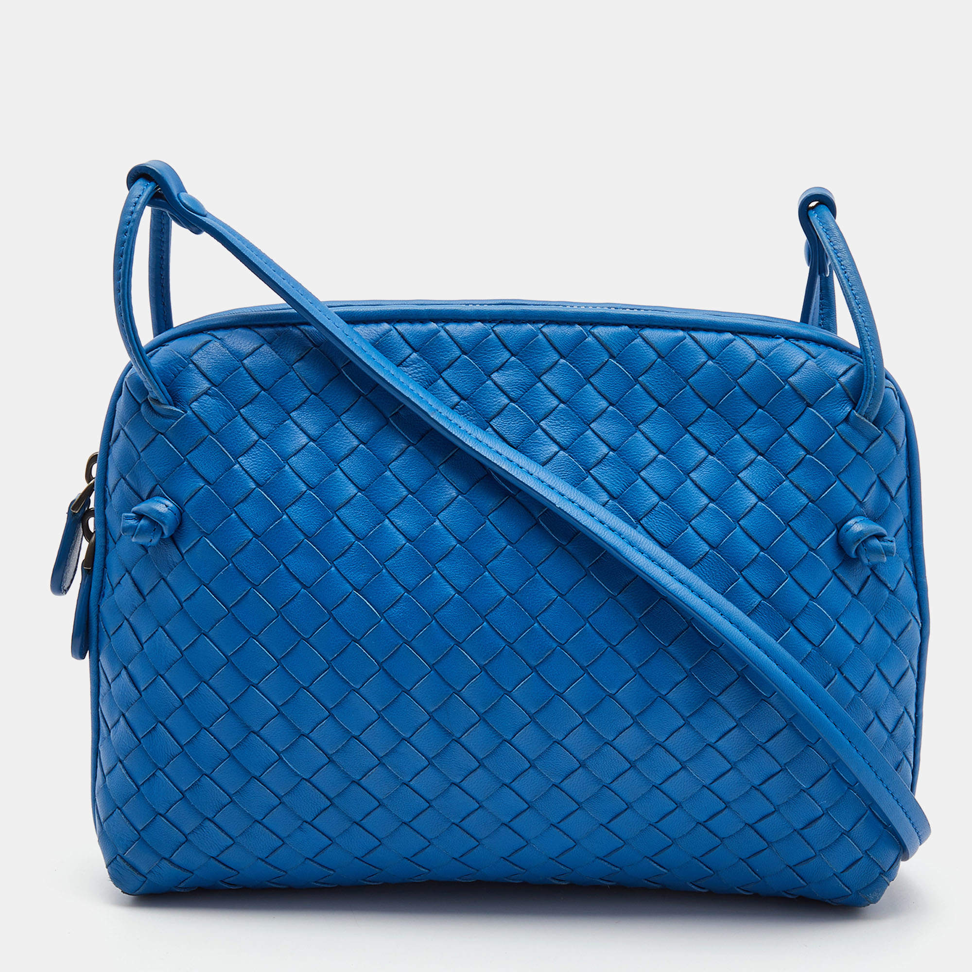 Pre Owned Bottega Veneta Blue Intrecciato Leather Nodini Crossbody Bag