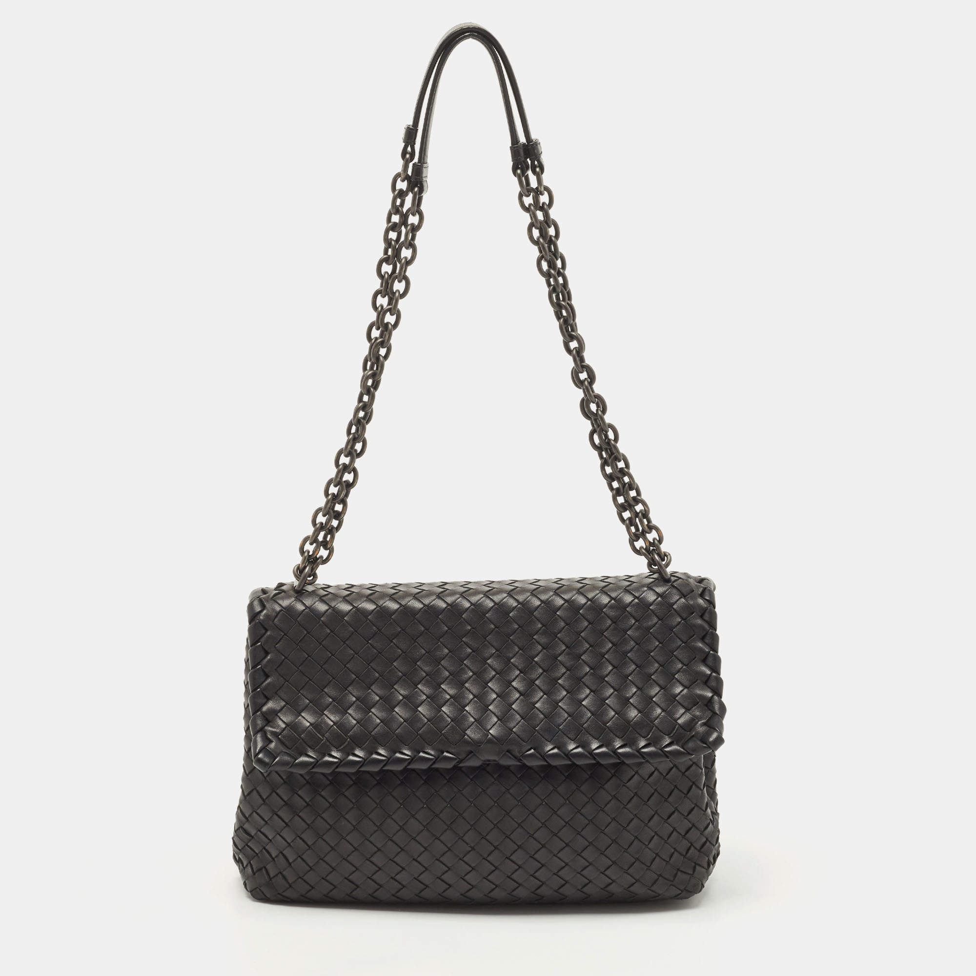 Bottega Veneta Black Intrecciato Leather Medium Olimpia Flap Shoulder Bag