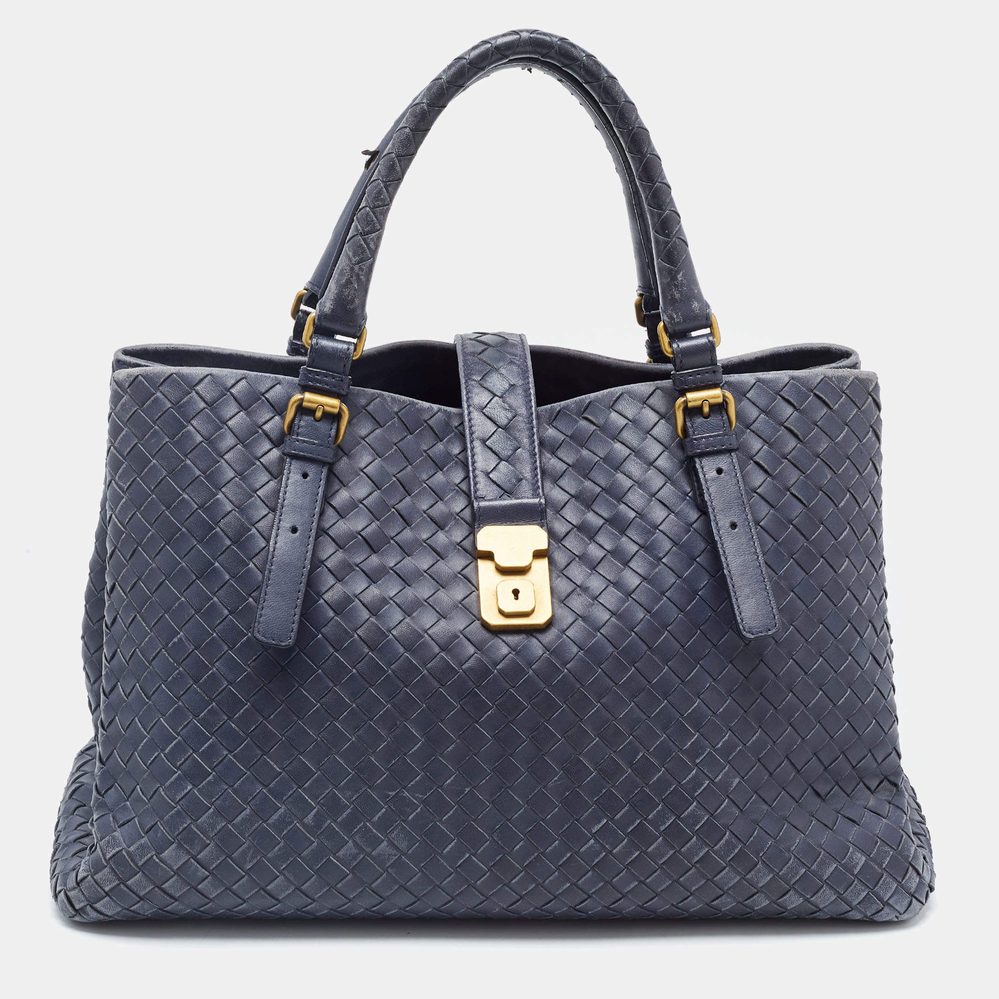 Pre Owned Bottega Veneta Navy Blue Intrecciato Leather Medium Roma Tote