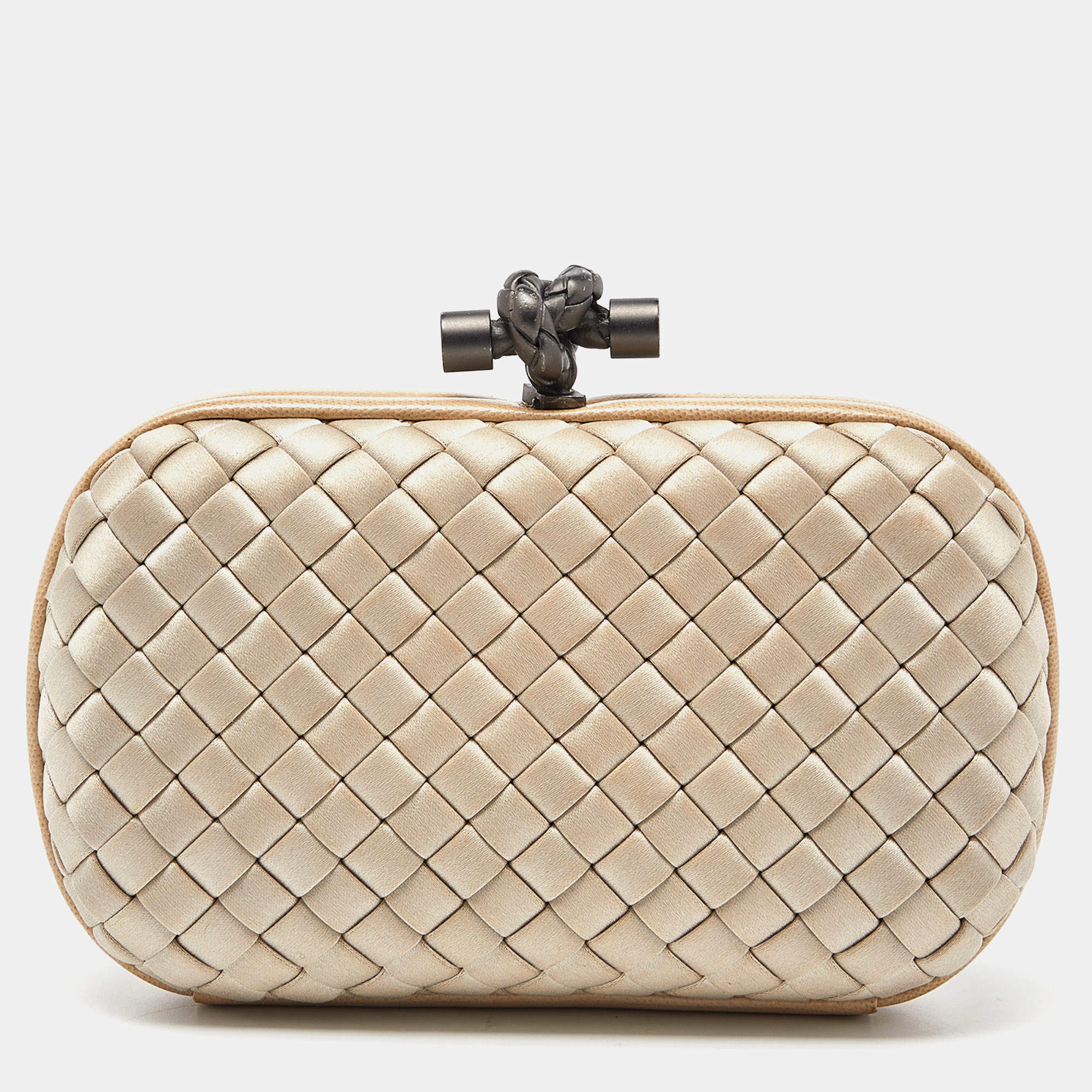 Pre Owned Bottega Veneta Cream Intrecciato Satin and Watersnake Knot Clutch
