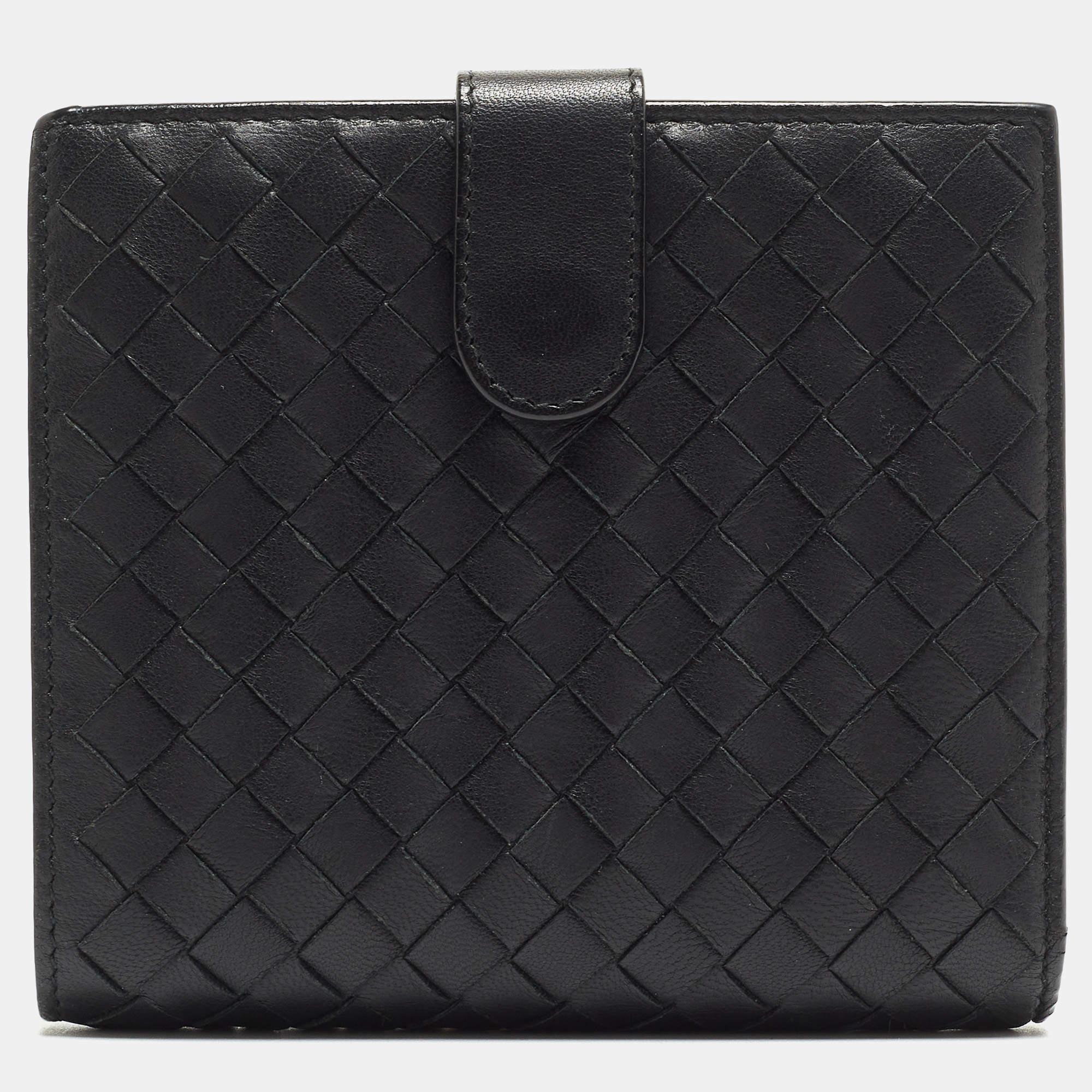 مملوكة مسبقًا Bottega Veneta Black Intrecciato Leather French Compact Wallet