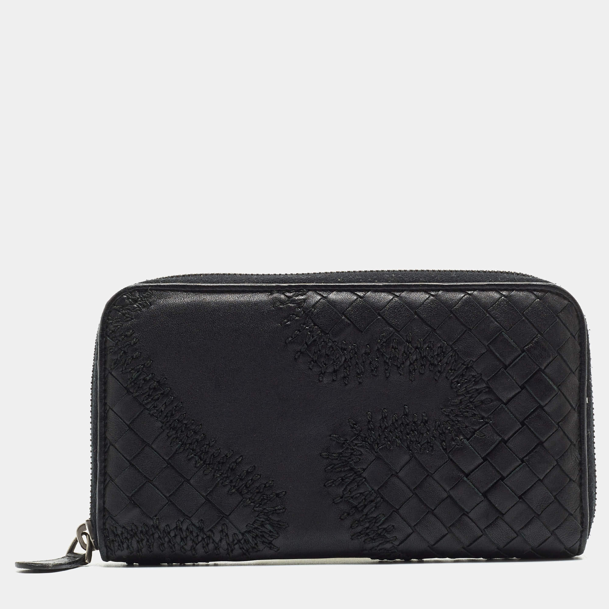 Pre Owned Bottega Veneta Black Intrecciato Leather Wildstitch Zip Around Wallet