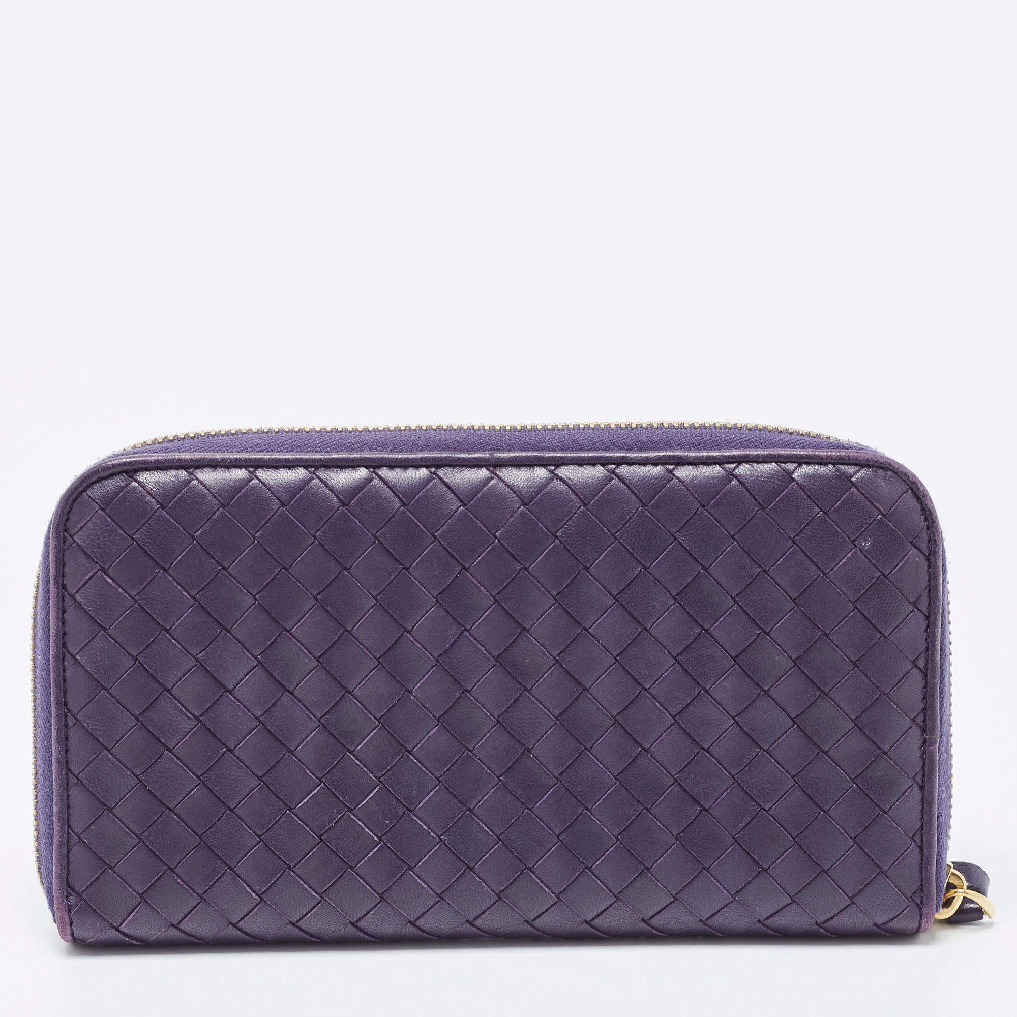 Pre Owned Bottega Veneta Purple Intrecciato Leather Zip Around Wallet