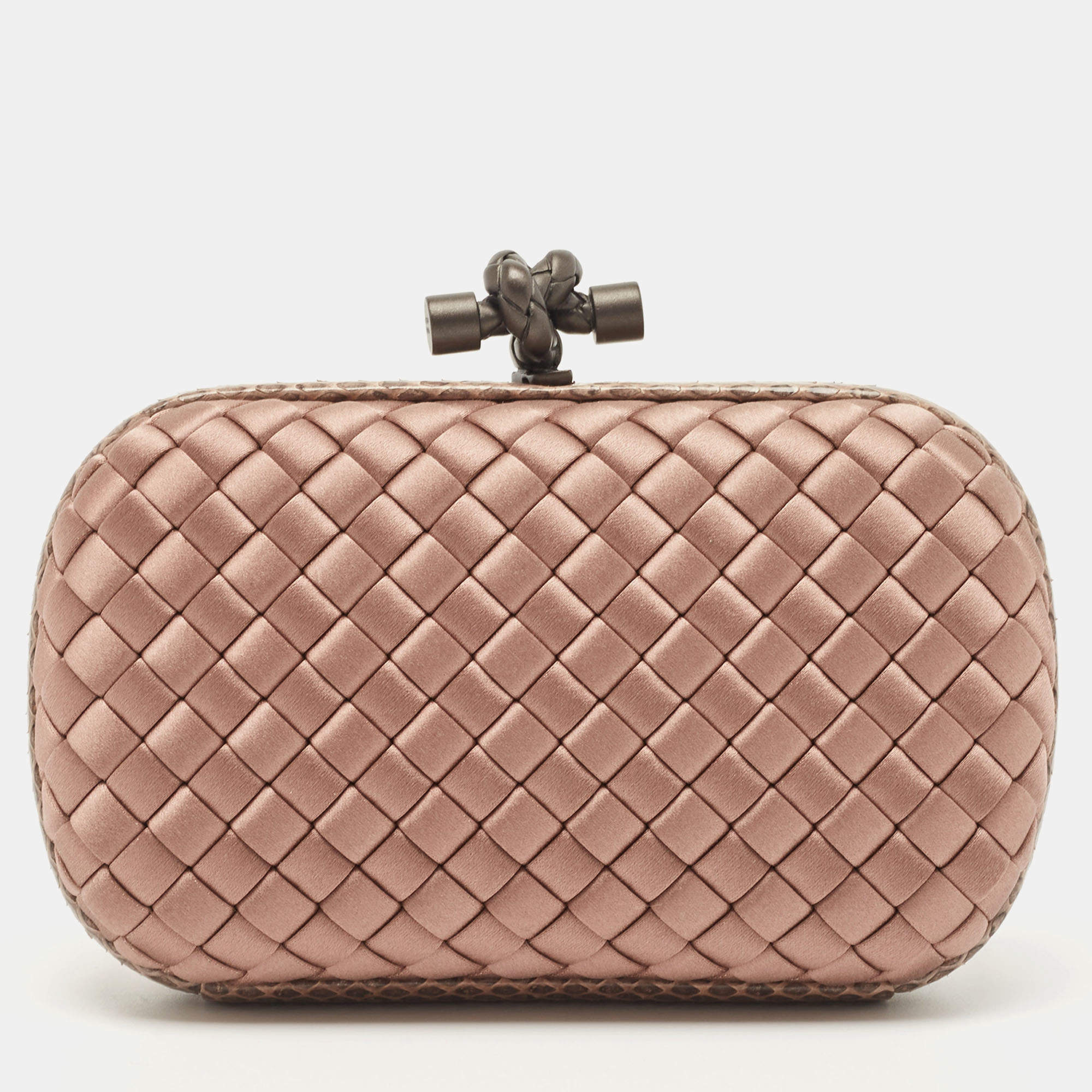 Bottega Veneta Knot Satin And Watersnake Clutch in Pink