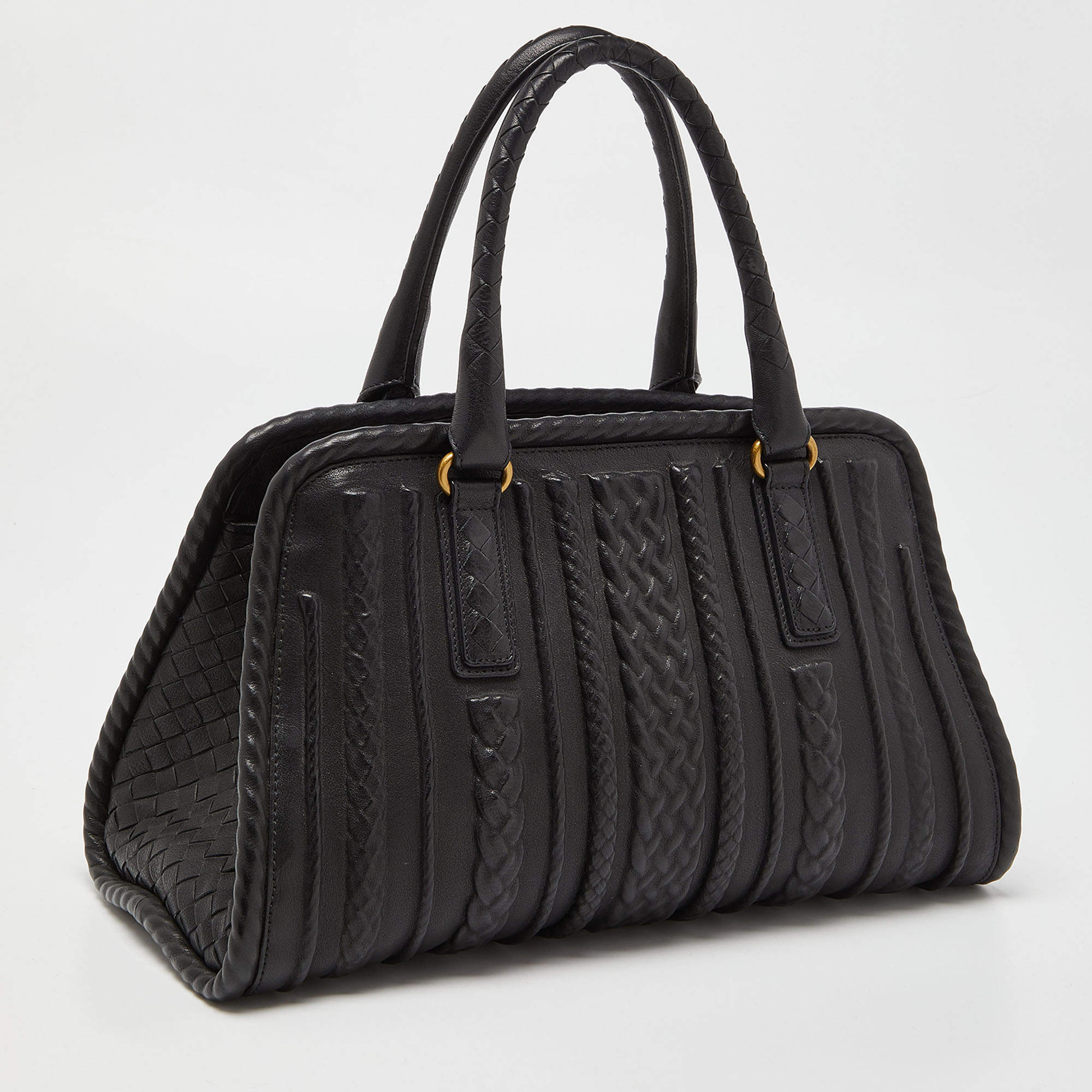 Bottega Veneta Vintage - Intrecciato Leather Boston Bag - Black