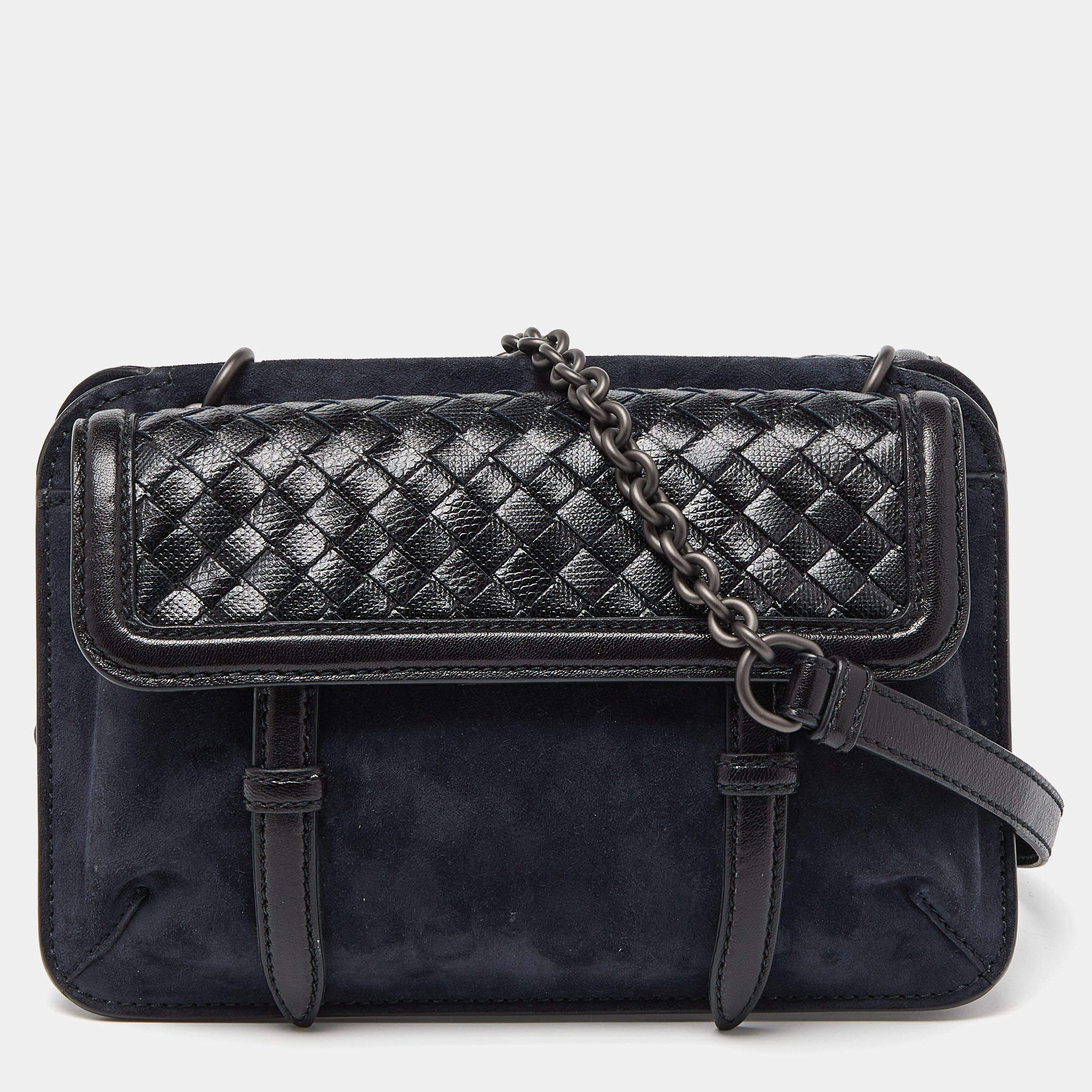 مملوكة مسبقًا Bottega Veneta Blue/Black Intrecciato Suede and Karung Leather Crossbody Bag