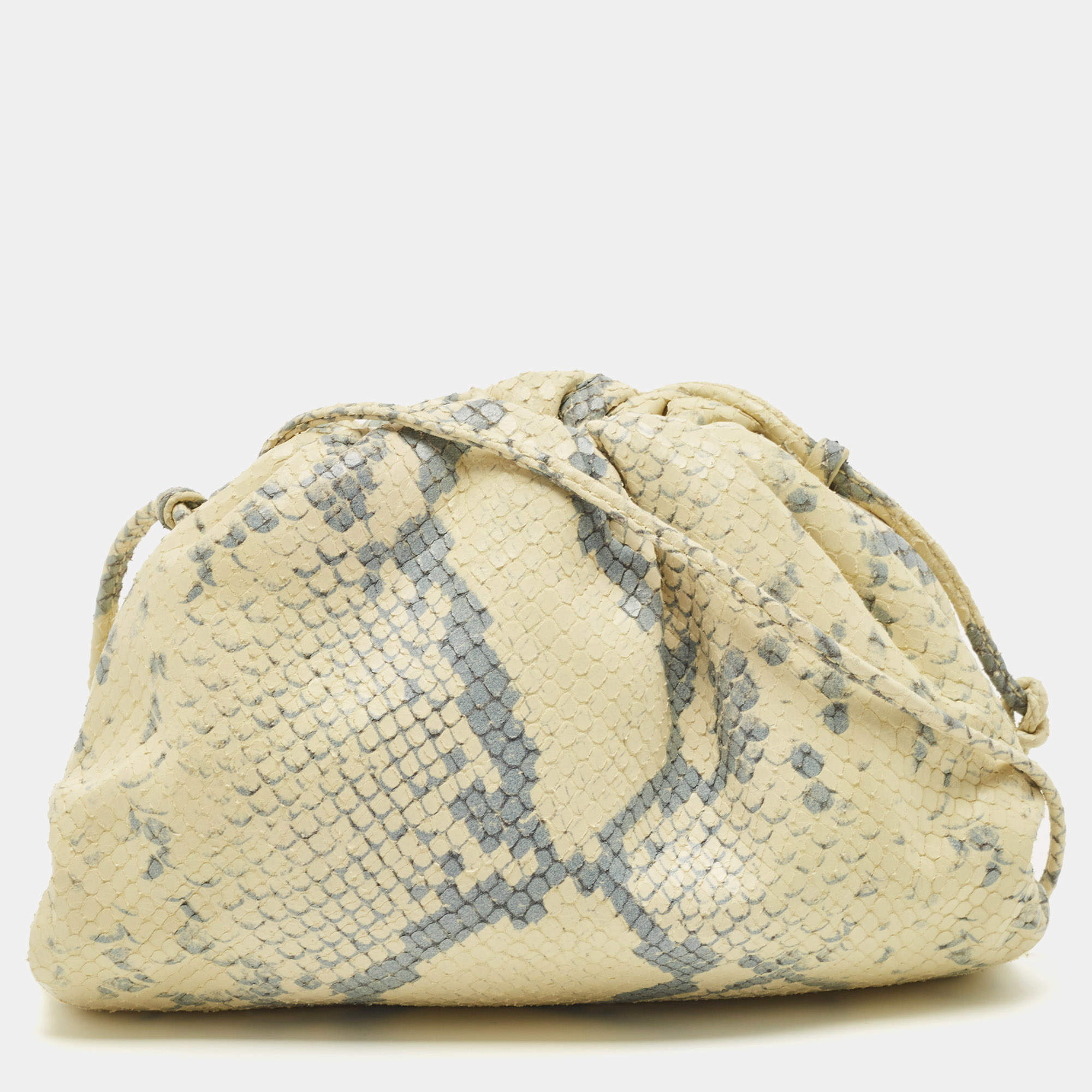 Pre Owned Bottega Veneta Light Yellow/Blue Snakeskin Embossed Leather Mini The Pouch Bag