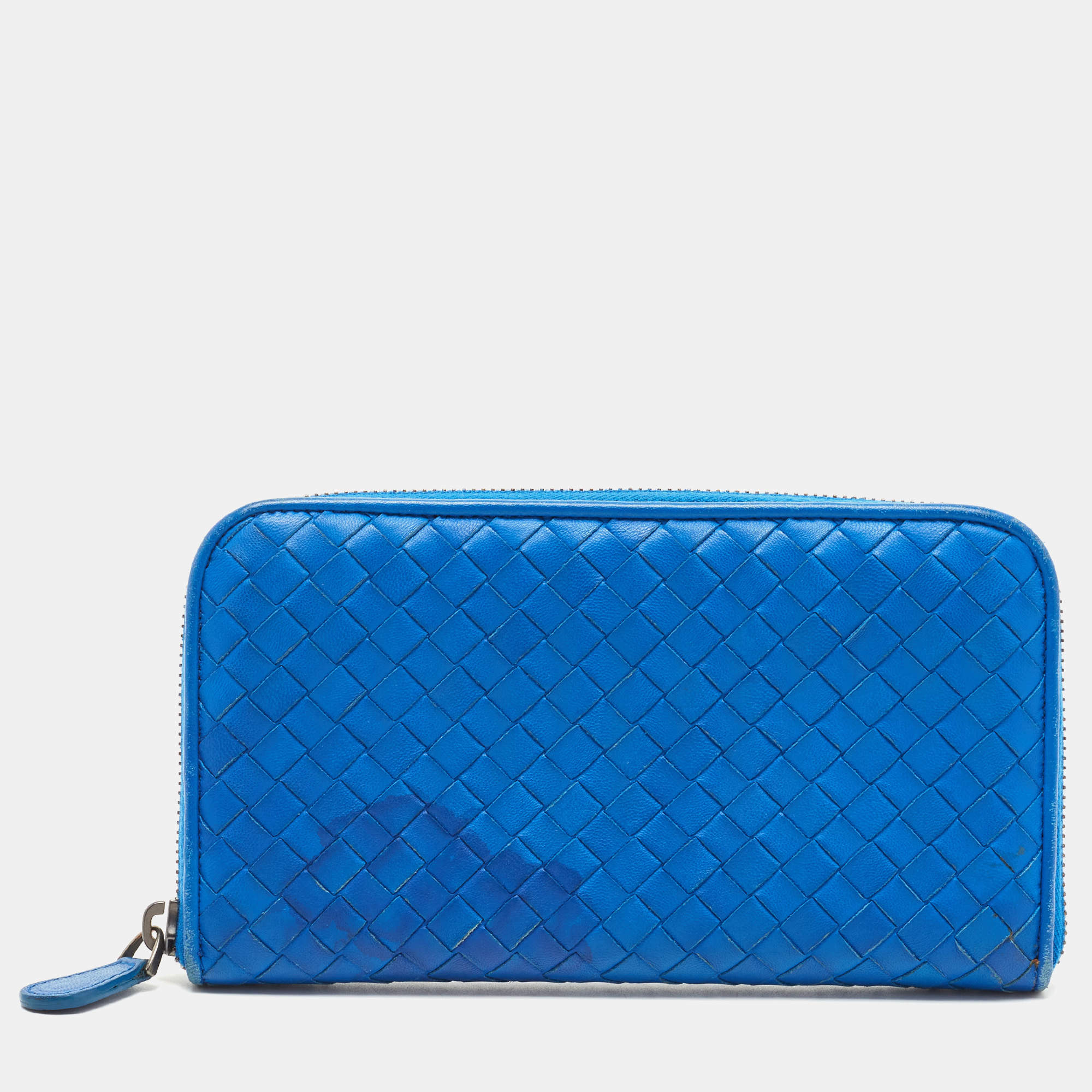 Bottega Veneta Blue Intrecciato Leather Zip Around Wallet