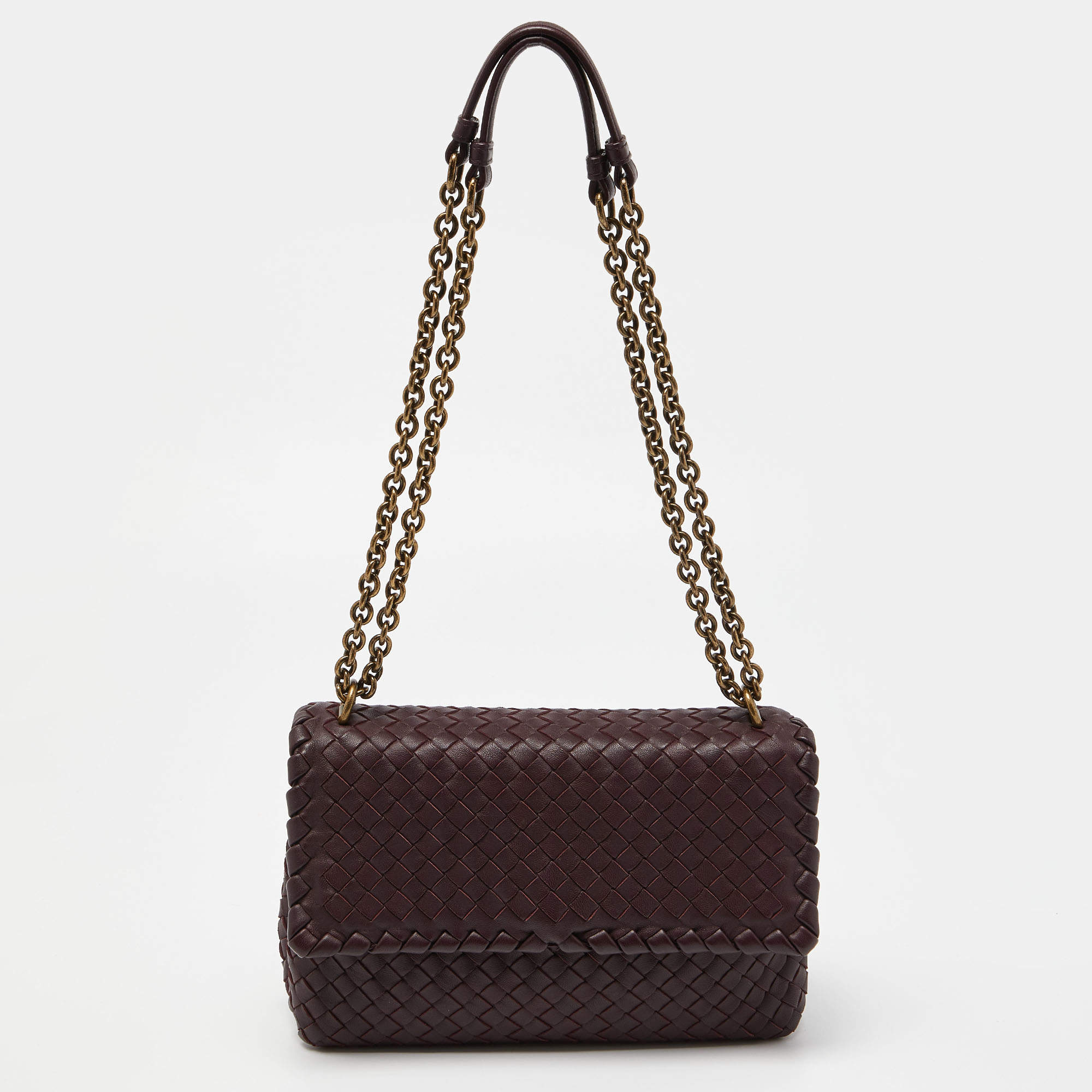 Pre Owned Bottega Veneta Burgundy Intrecciato Leather Olimpia Flap Shoulder Bag