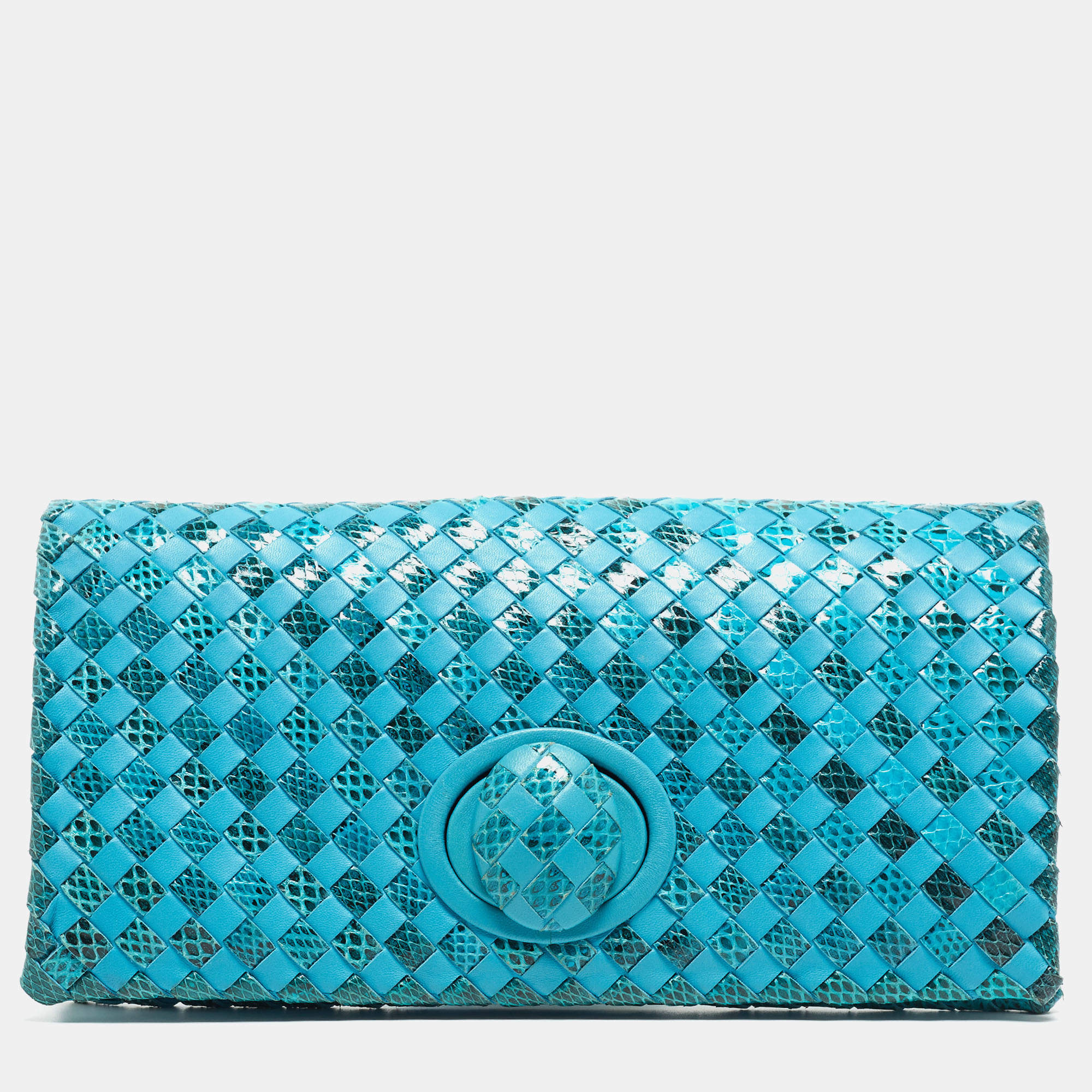 Pre Owned Bottega Veneta Light Blue Intrecciato Leather and Watersnake Twist Lock Flap Clutch