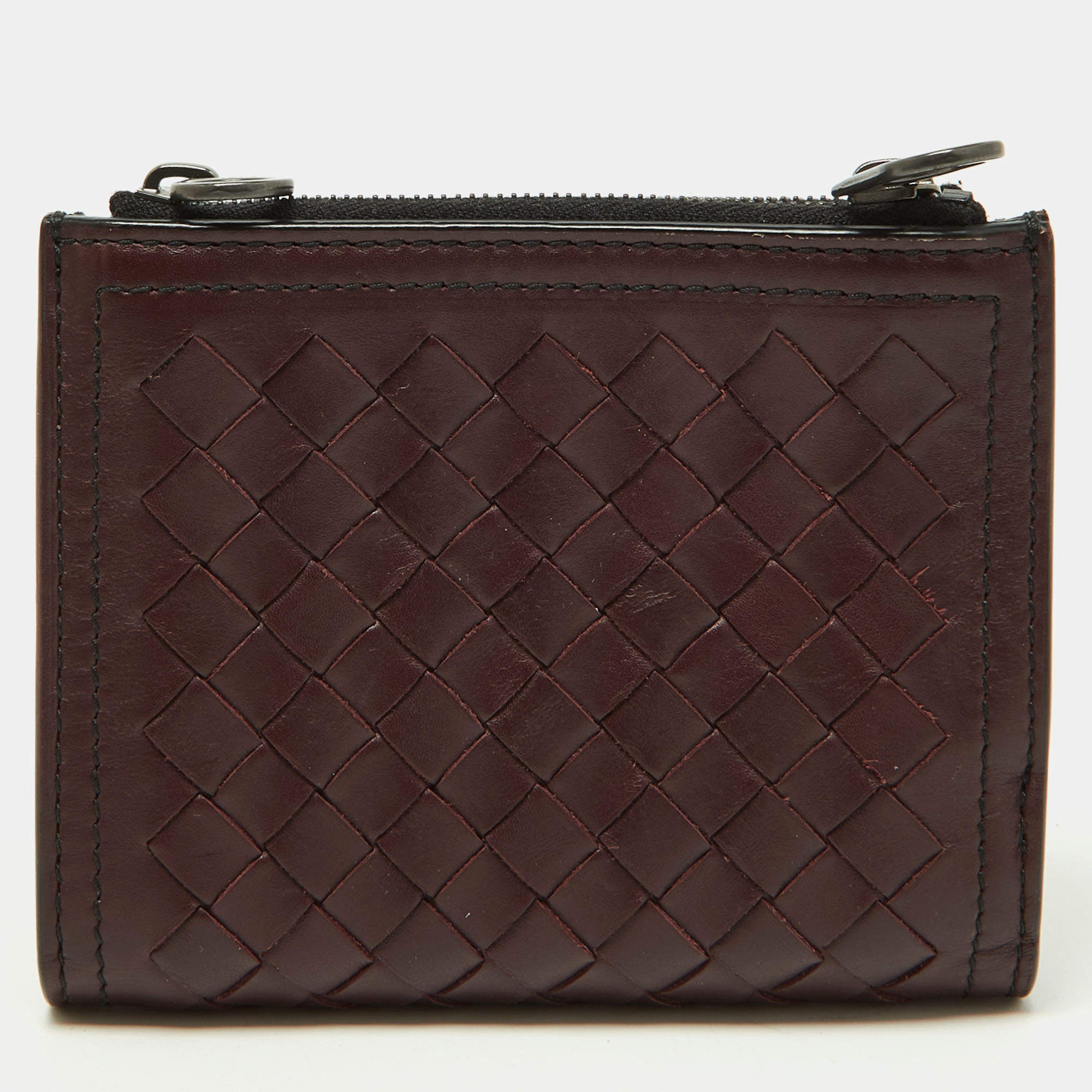 Pre Owned Bottega Veneta Burgundy Intrecciato Leather Bifold Wallet