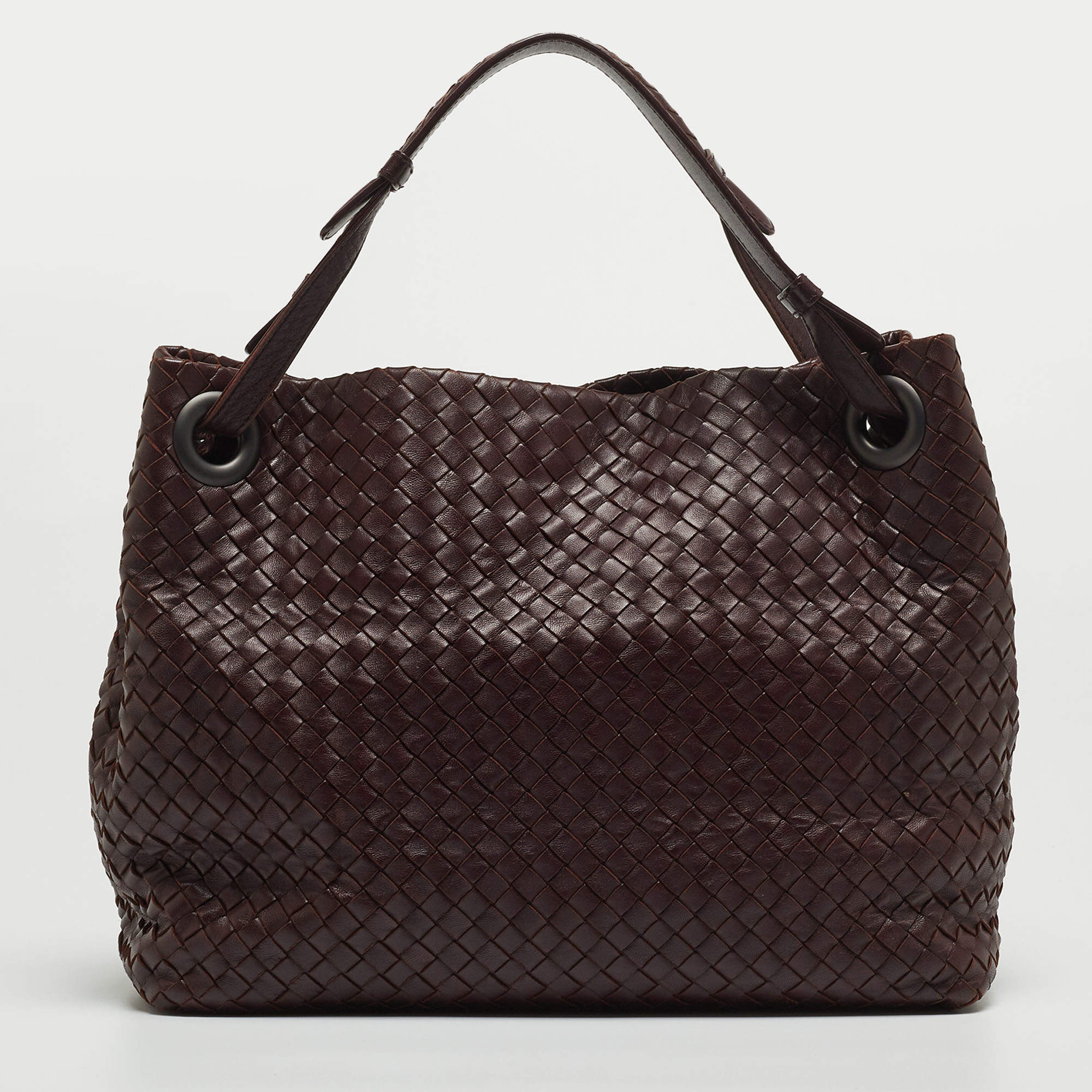 Pre Owned Bottega Veneta Burgundy Intrecciato Leather Seamless Garda Tote 