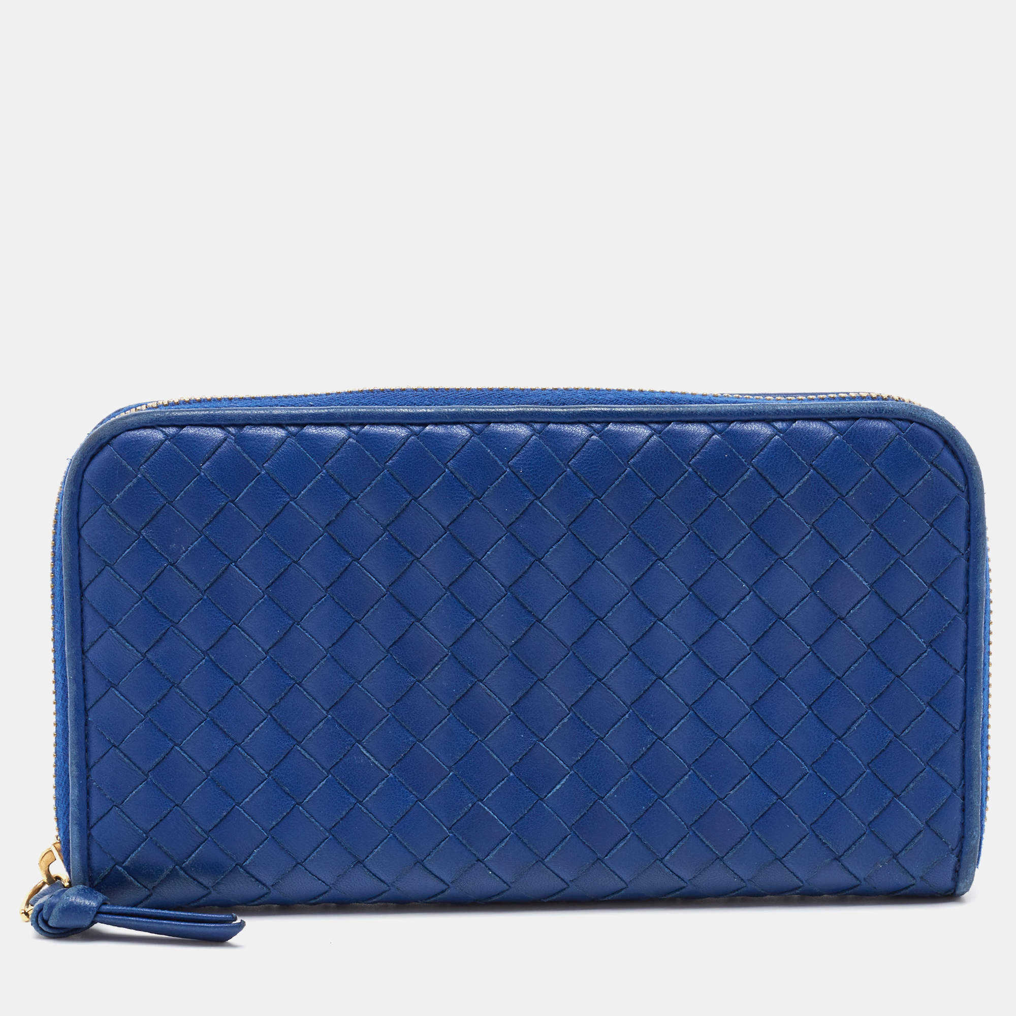 Pre Owned Bottega Veneta Blue Intrecciato Leather Zip Around Wallet