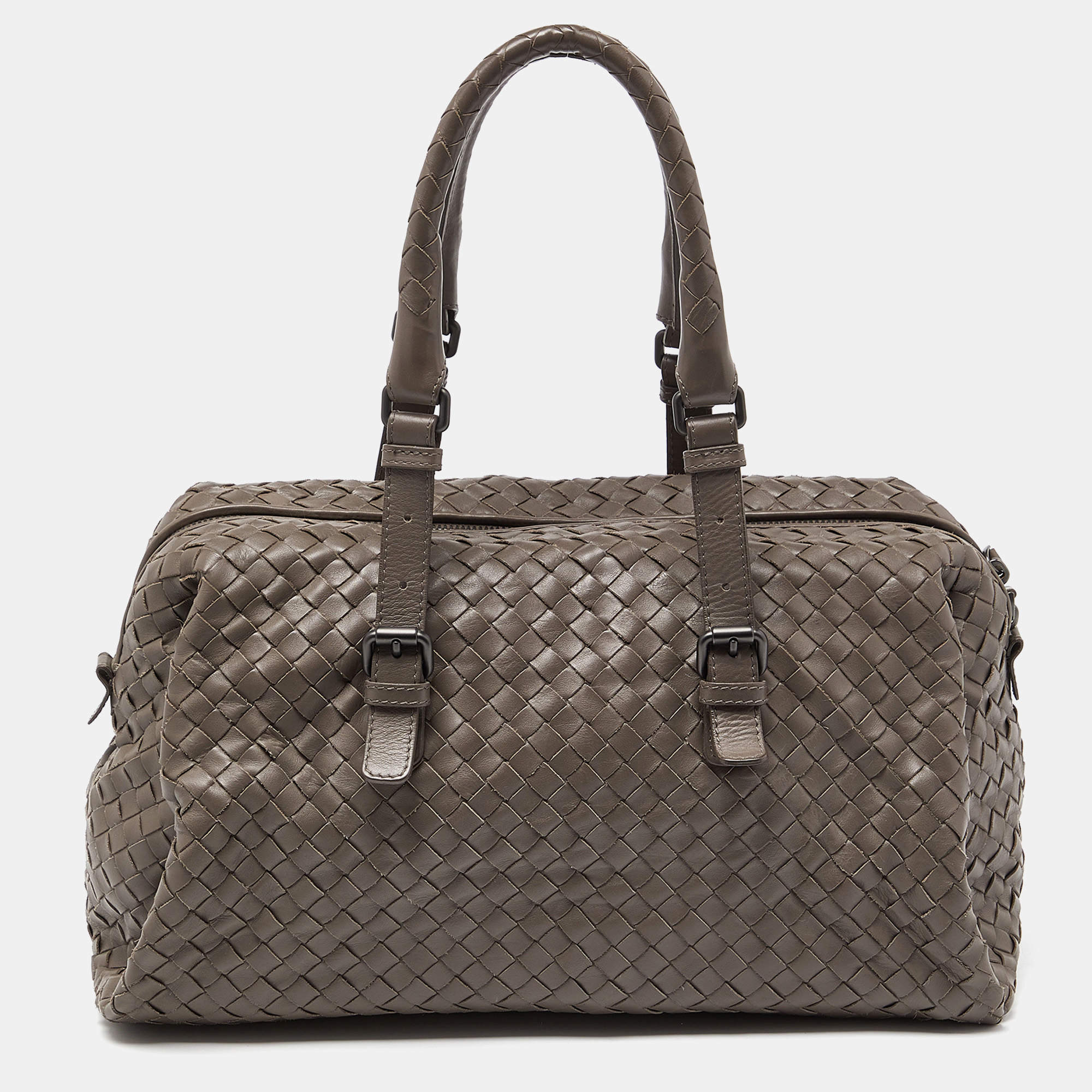 Pre Owned Bottega Veneta Grey Intrecciato Leather Boston Zip Bag