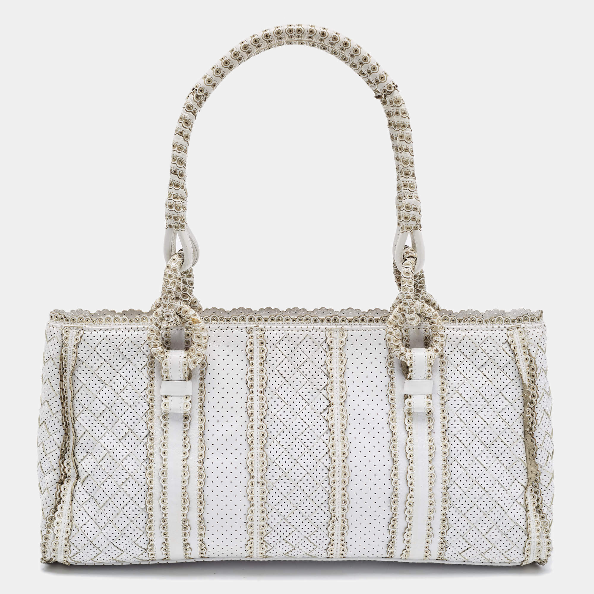 Pre Owned Bottega Veneta Offwhite Perforated Leather Tote