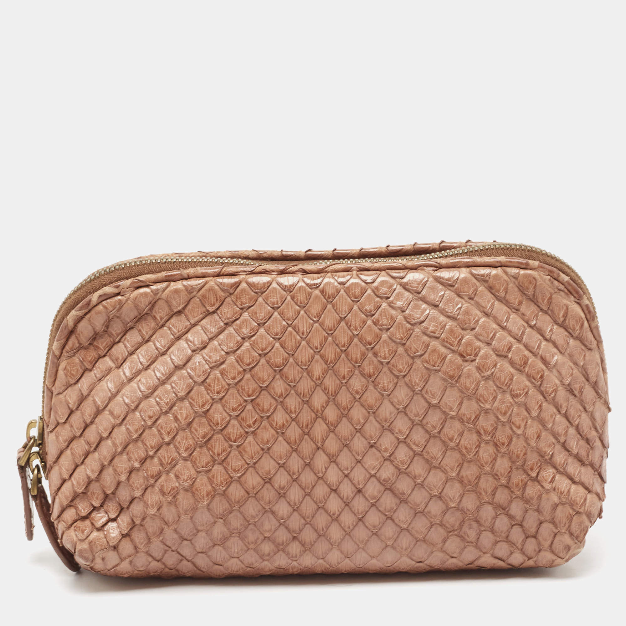 Pre Owned Bottega Veneta Brown Python Zip Pouch