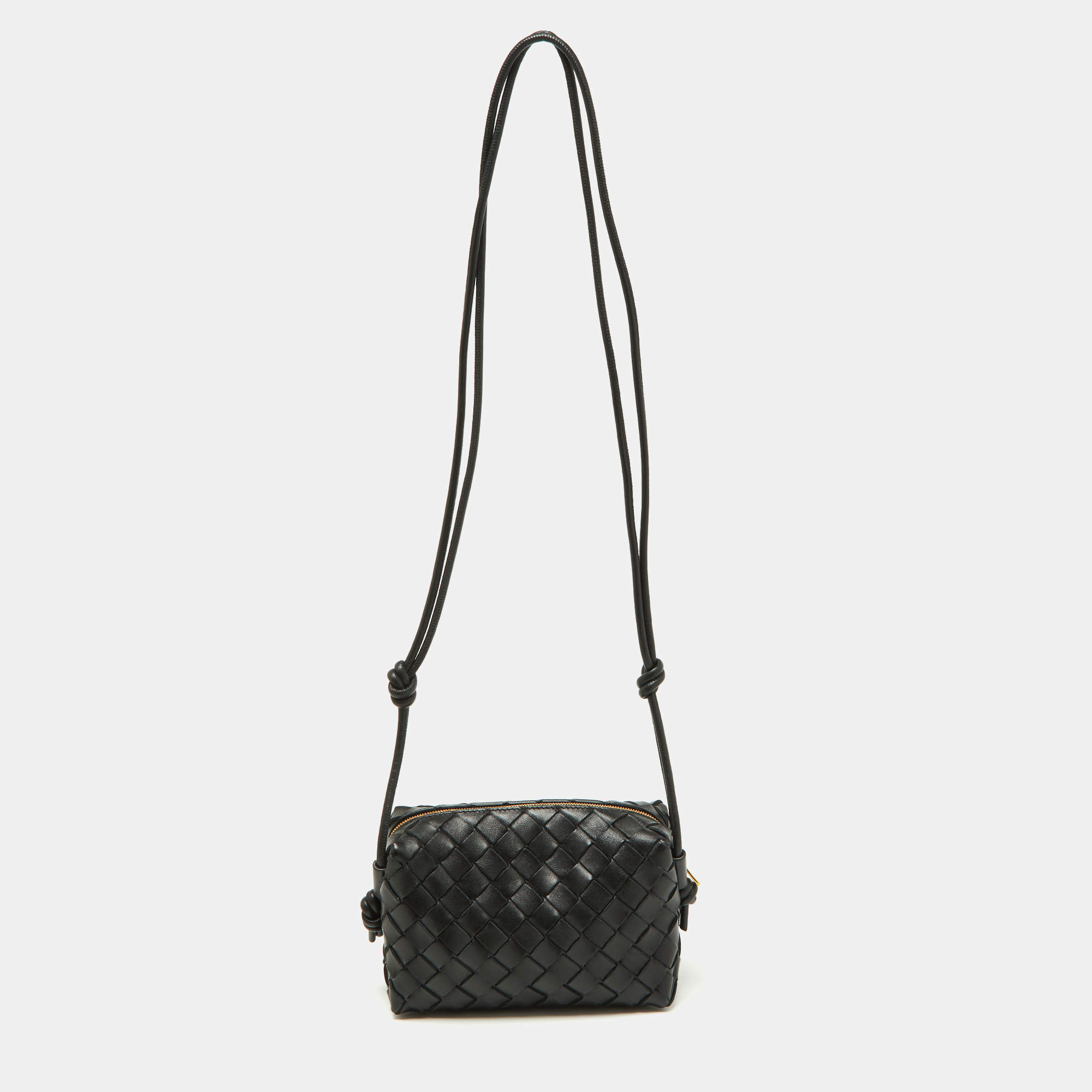 Pre Owned Bottega Veneta Black Intrecciato Leather Mini Loop Camera Crossbody Bag