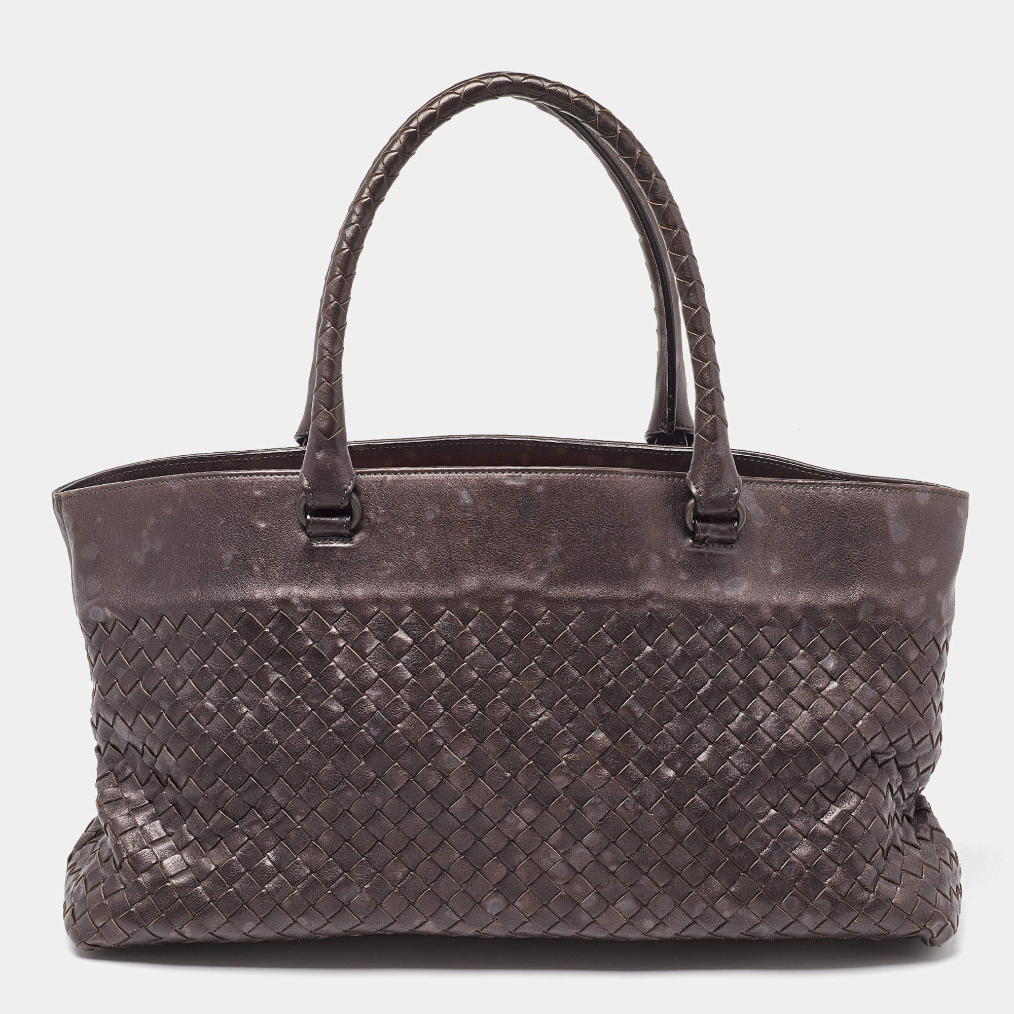 Pre Owned Bottega Veneta Dark Brown Intrecciato Leather Shopper Tote
