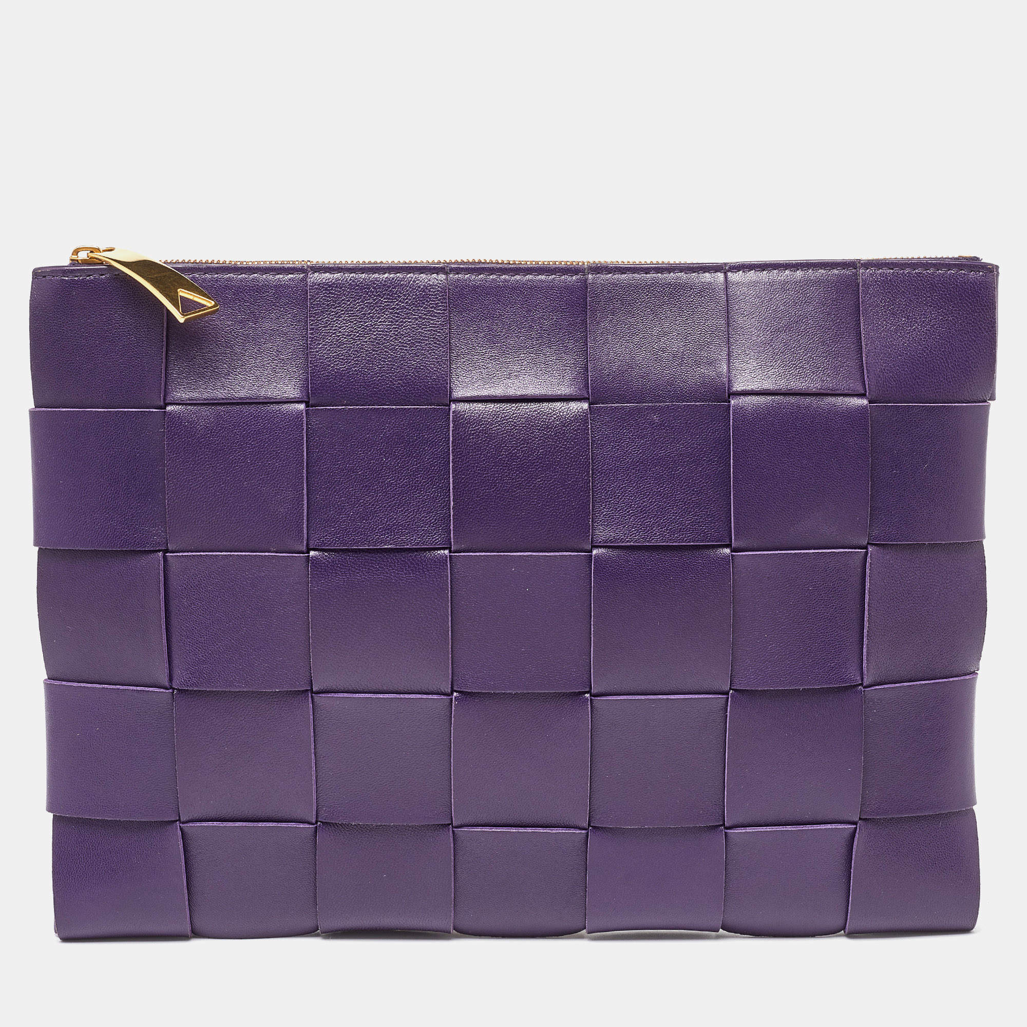 Pre Owned Bottega Veneta Purple Intrecciato Leather Zip Clutch