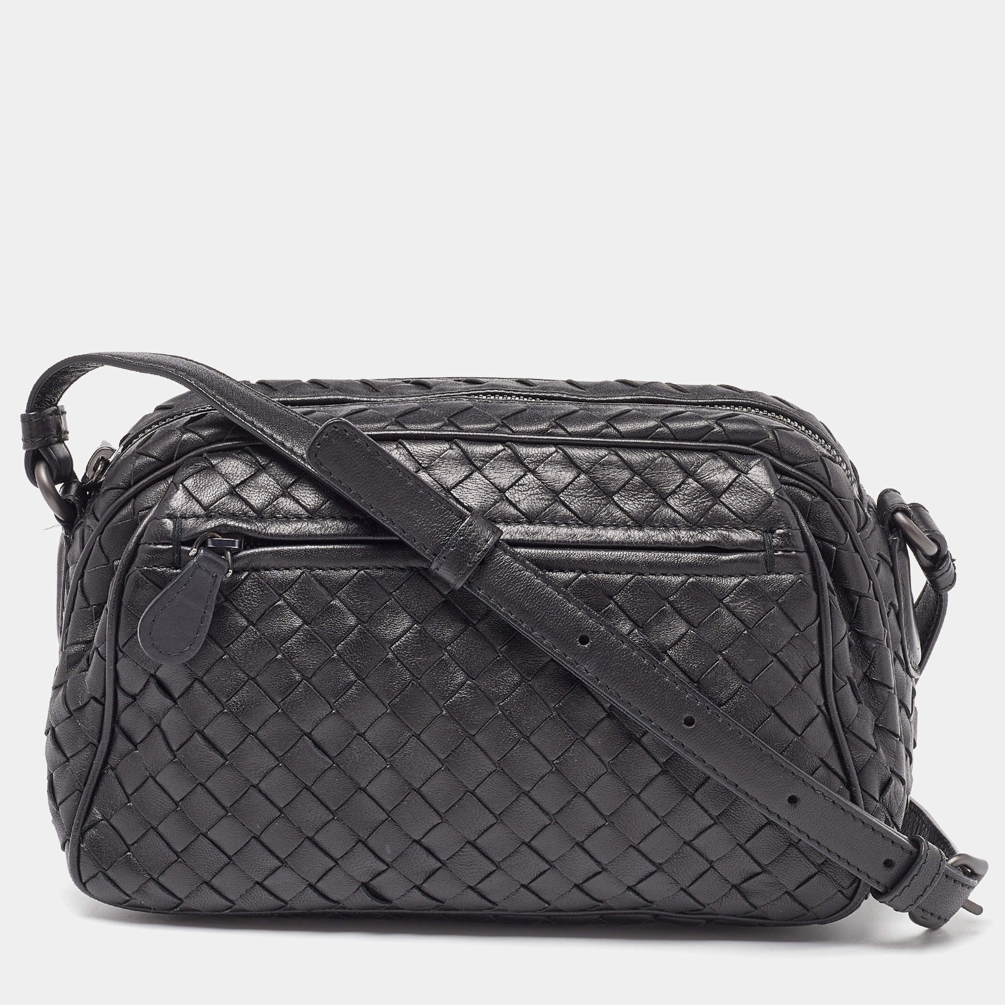 Pre Owned Bottega Veneta Black Intrecciato Leather Crossbody Bag