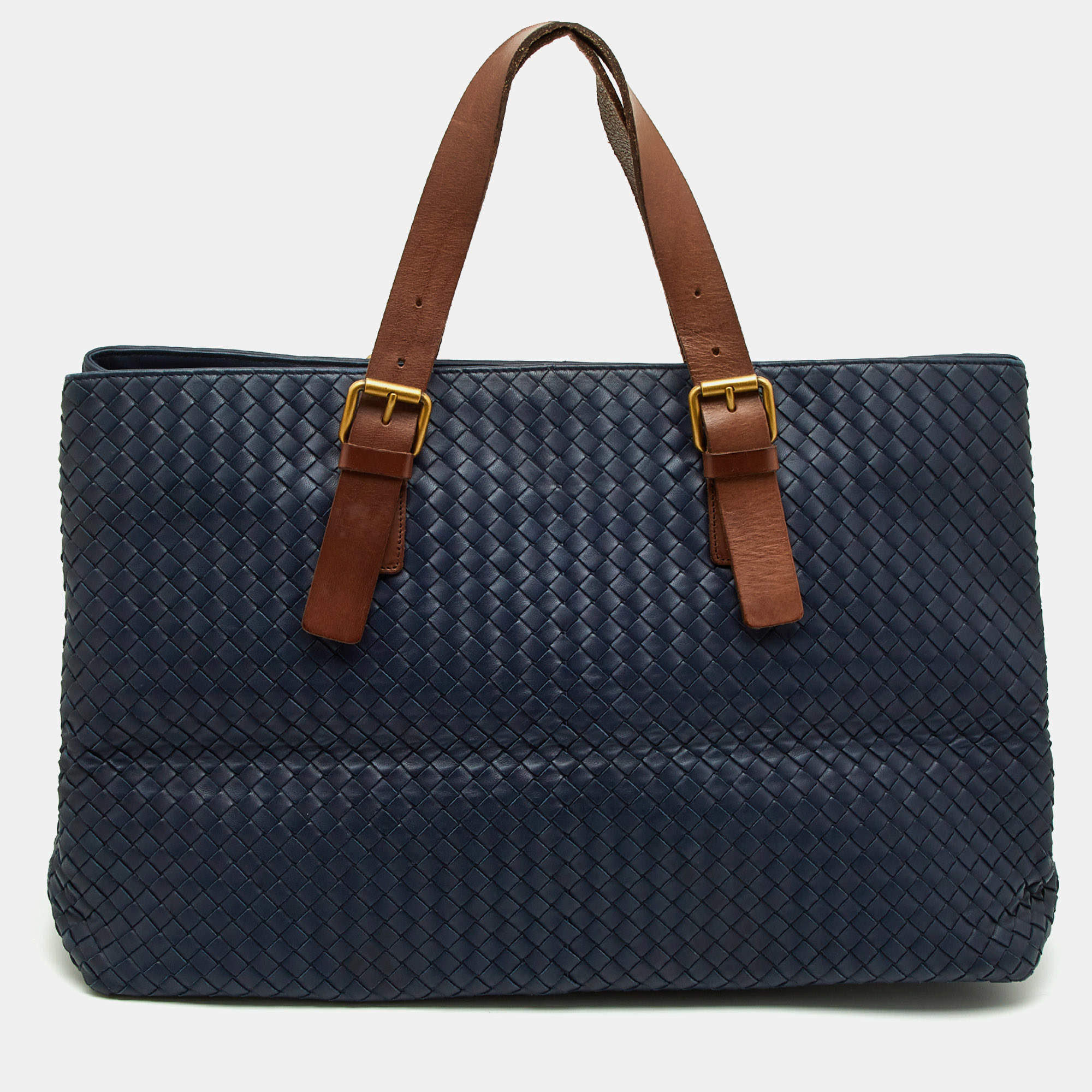 Pre Owned Bottega Veneta Blue/Tan Intrecciato Leather Shopper Tote